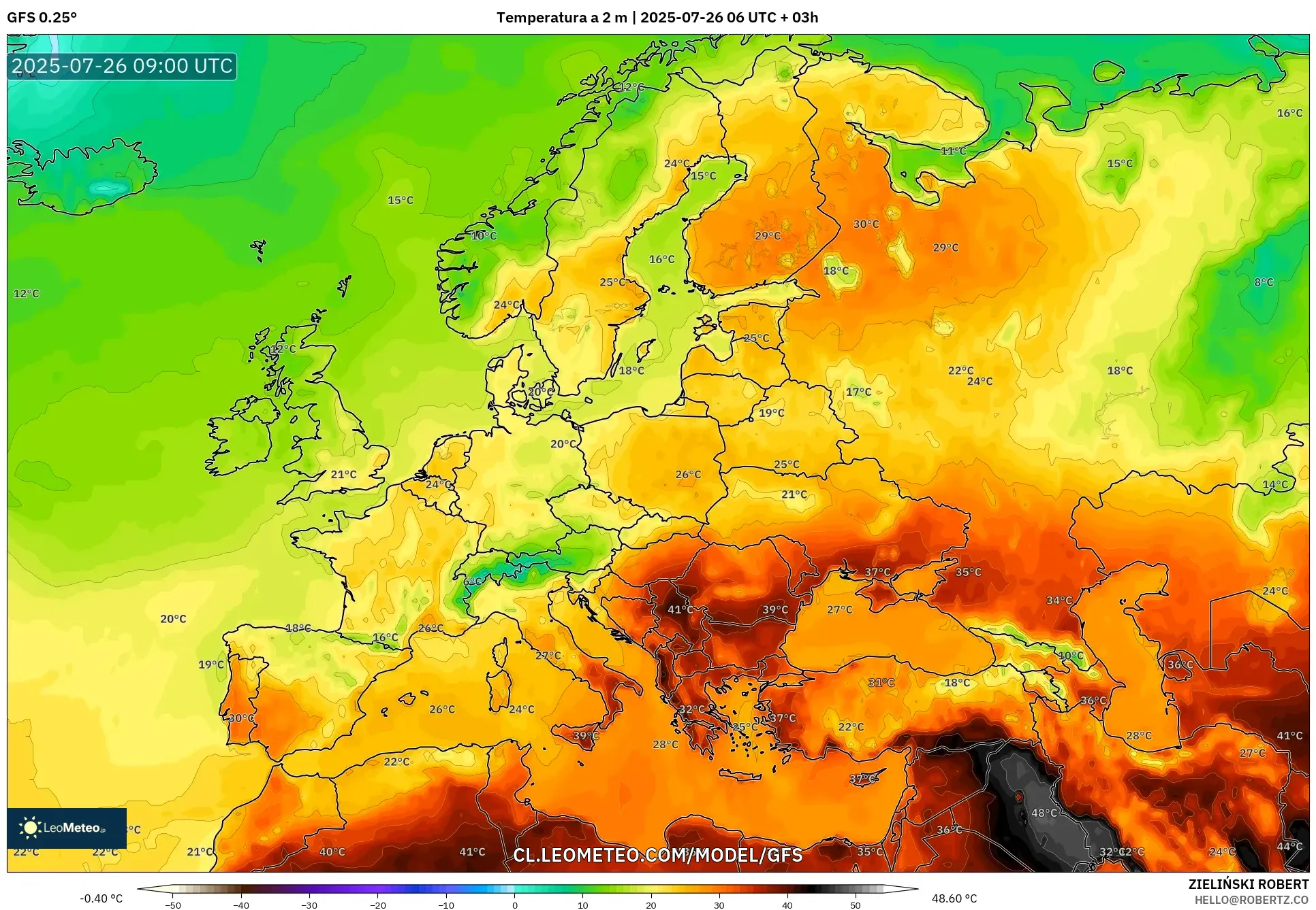 GFS model - Europa, Temperatura a 2 m