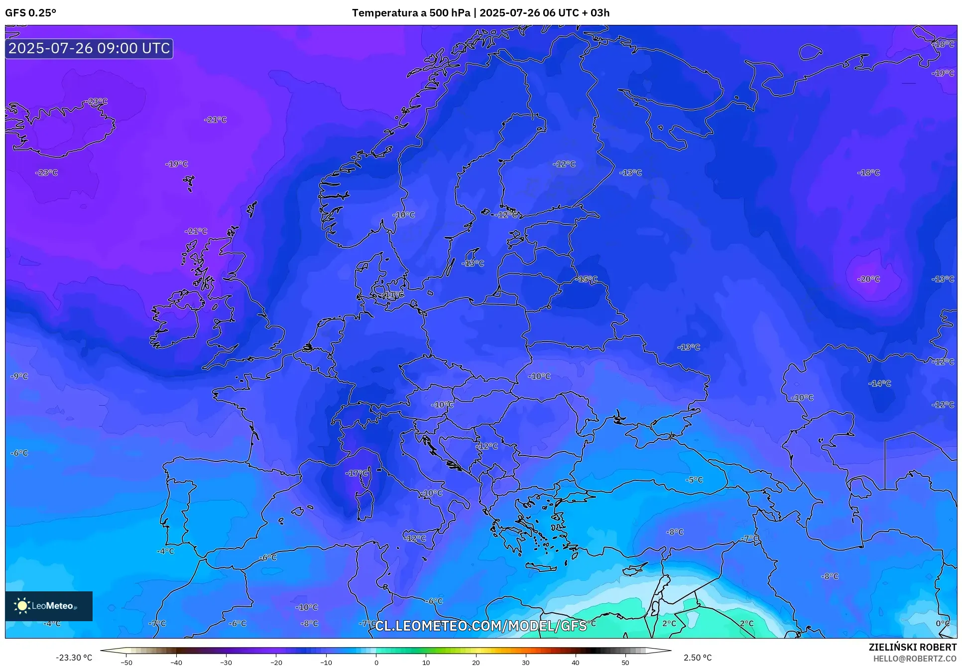 GFS model - Europa, Temperatura a 500 hPa