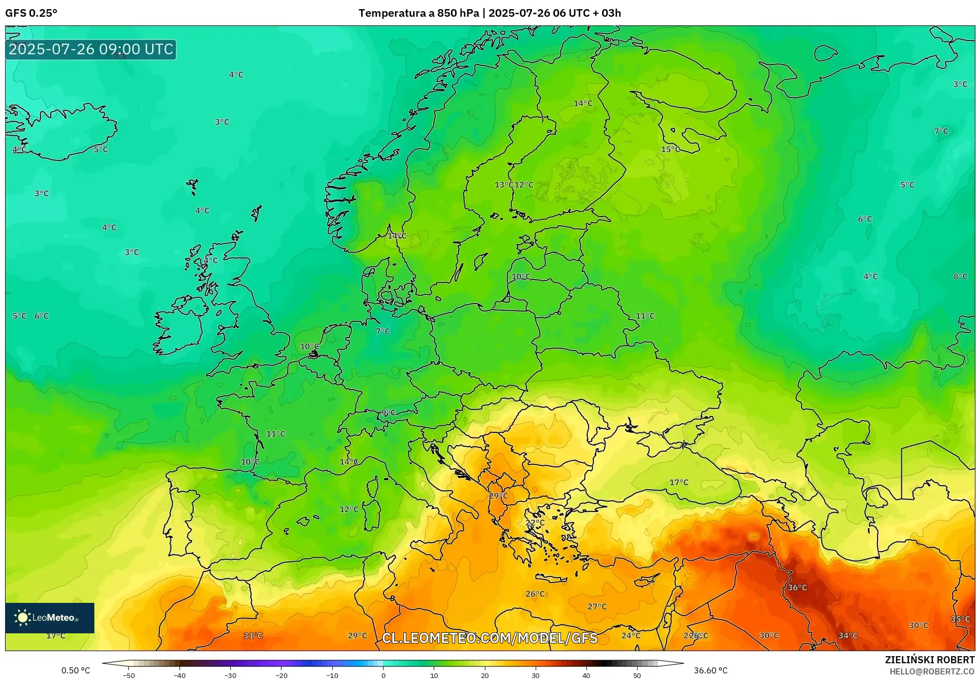 GFS model - Europa, Temperatura a 850 hPa