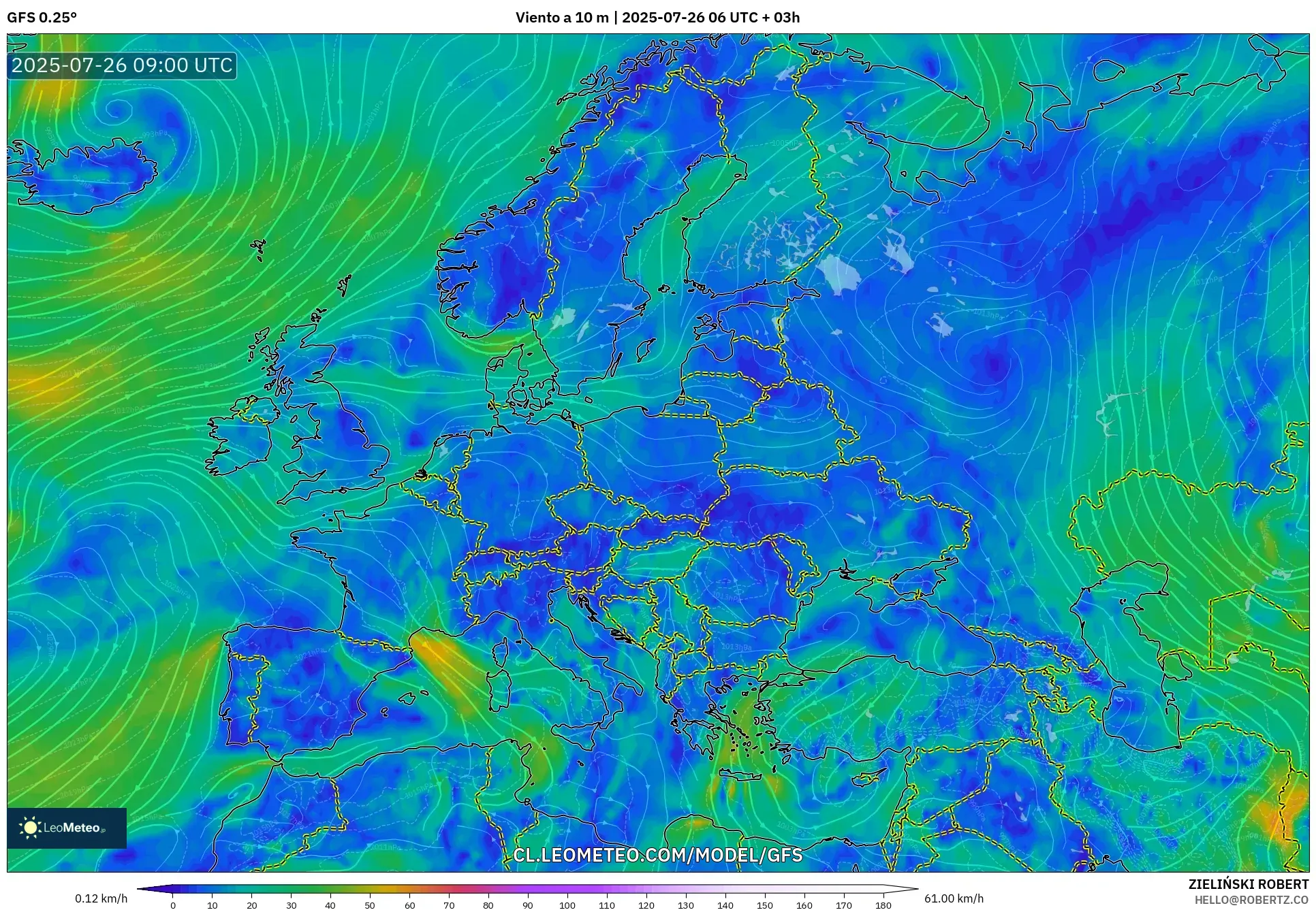 GFS model - Europa, Viento a 10 m