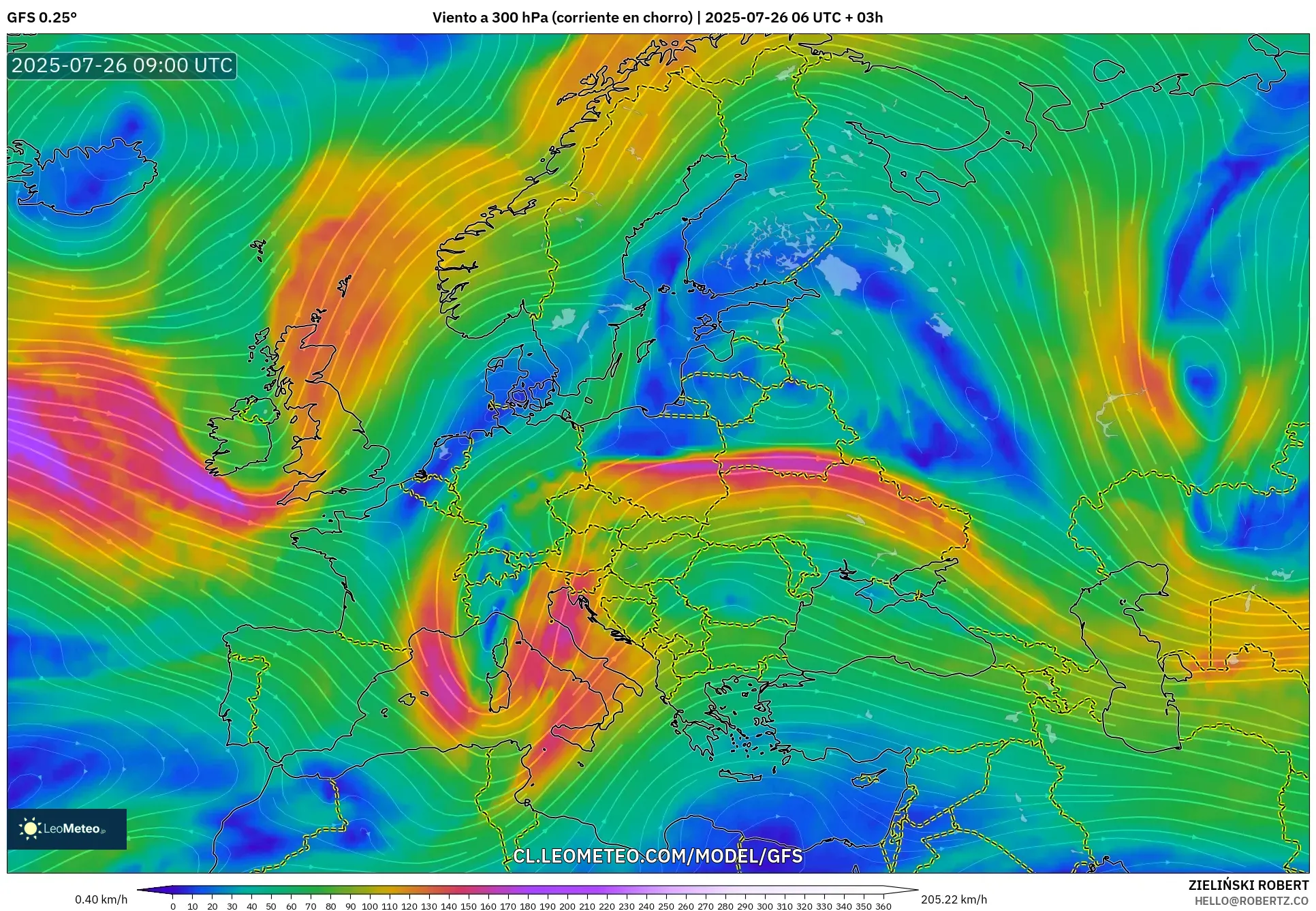 GFS model - Europa, Viento a 300 hPa (corriente en chorro)