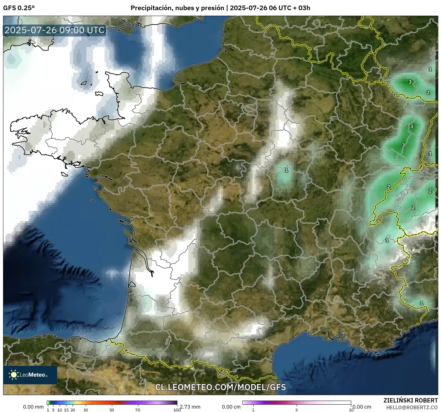 GFS model - Francia, Precipitación, nubes y presión