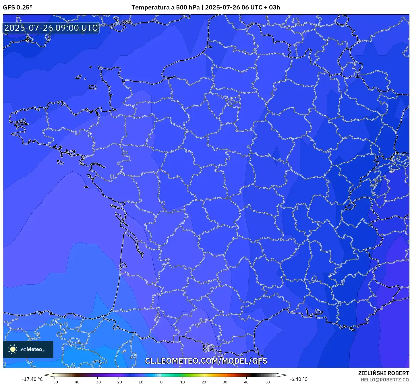 GFS model - Francia, Temperatura a 500 hPa