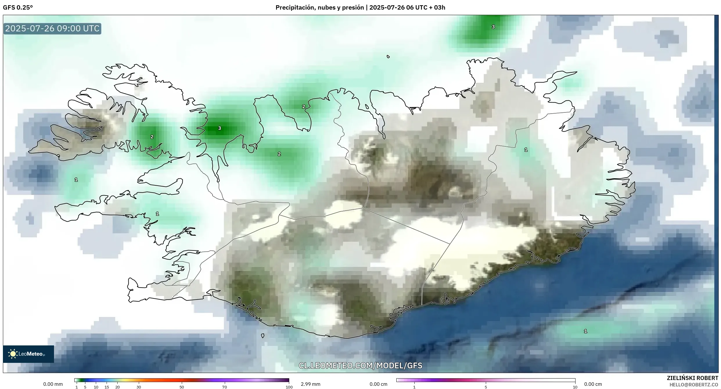 GFS model - Islandia, Precipitación, nubes y presión