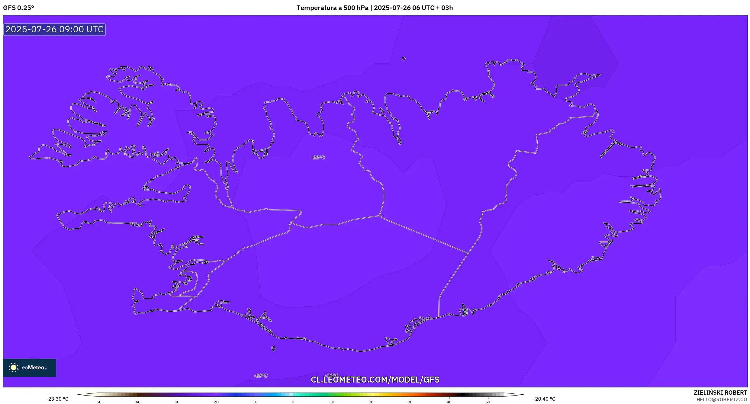 GFS model - Islandia, Temperatura a 500 hPa