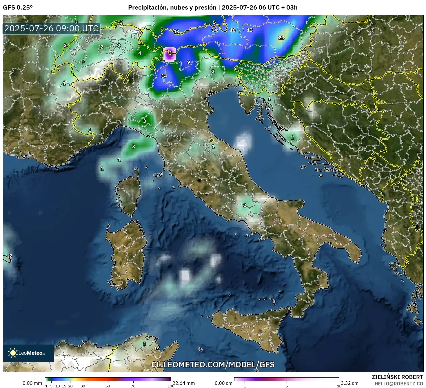 GFS model - Italia, Precipitación, nubes y presión