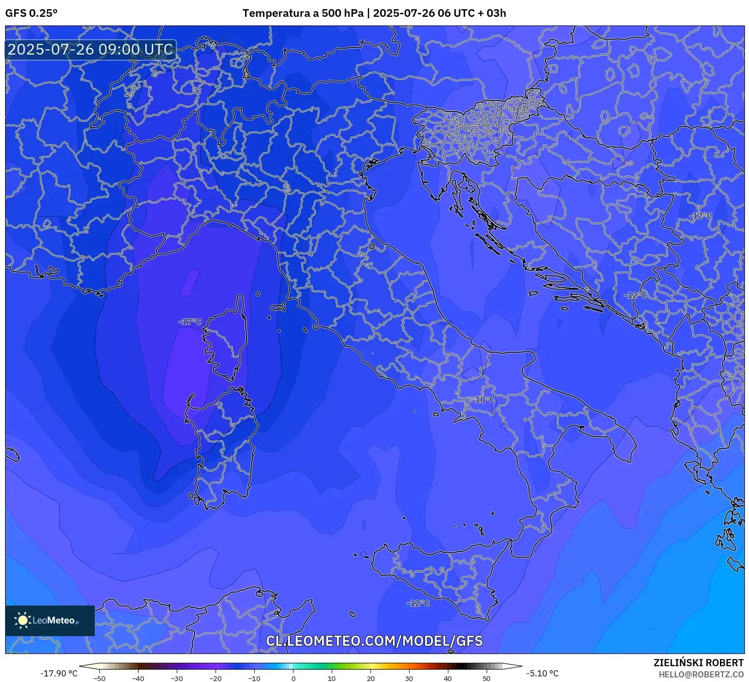 GFS model - Italia, Temperatura a 500 hPa