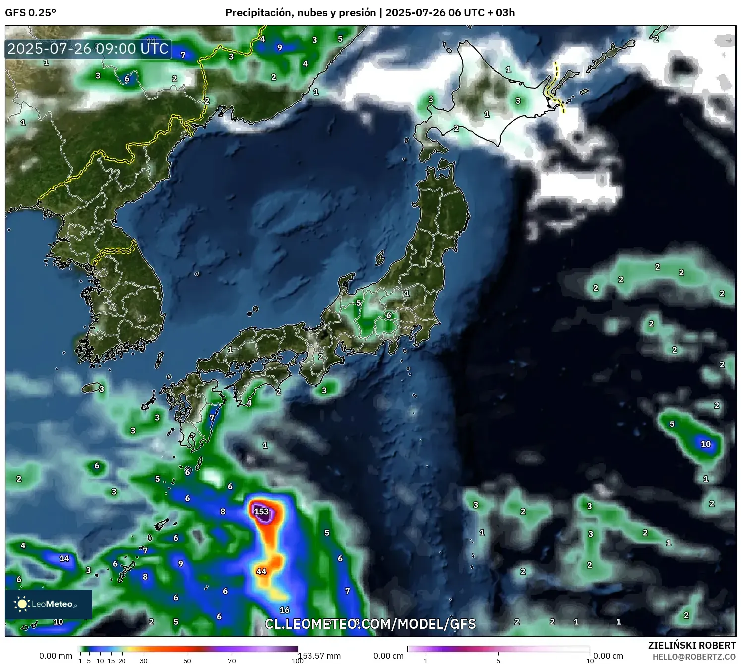 GFS model - Japón, Precipitación, nubes y presión