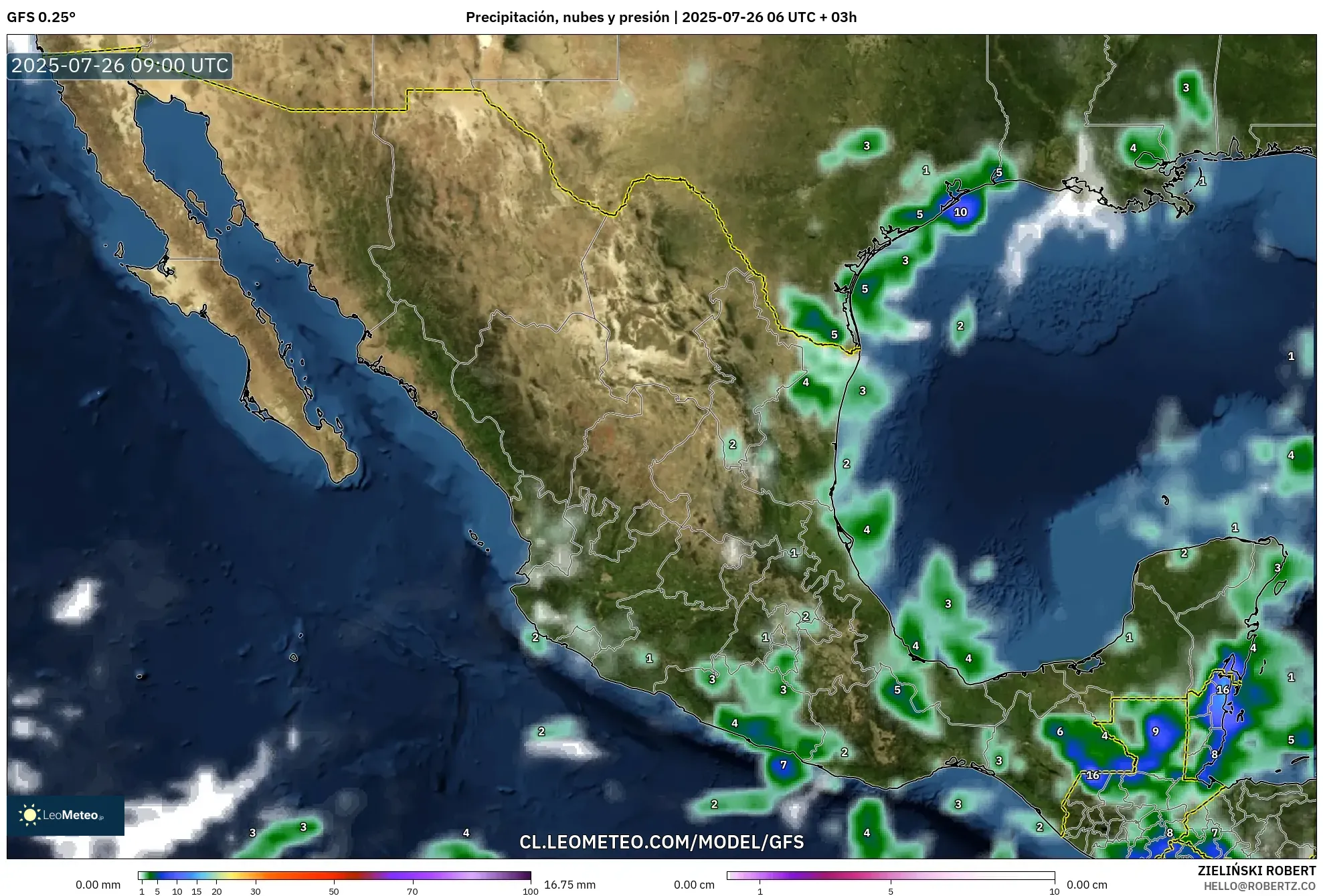 GFS model - México, Precipitación, nubes y presión