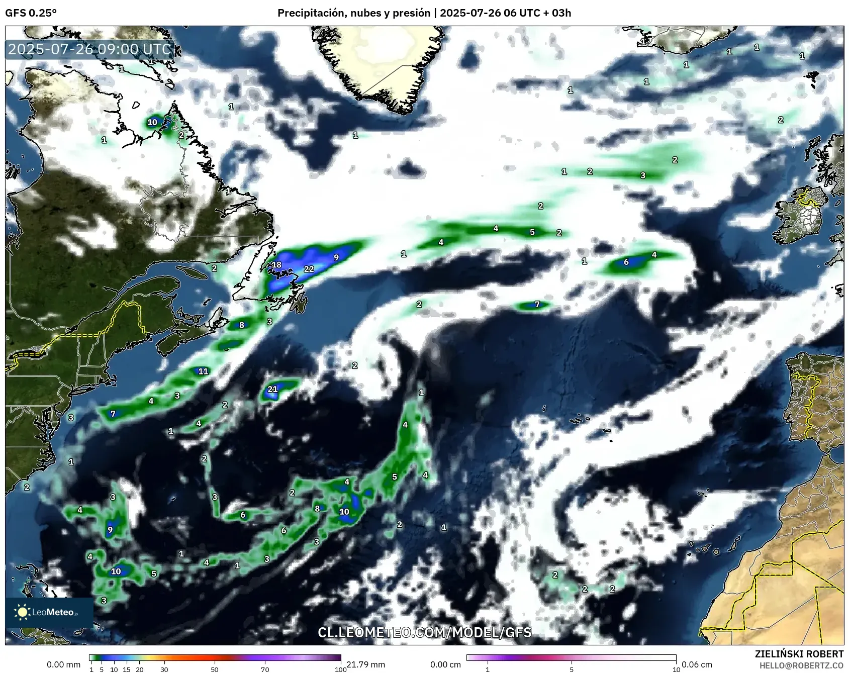 GFS model - Norte Atlántico, Precipitación, nubes y presión