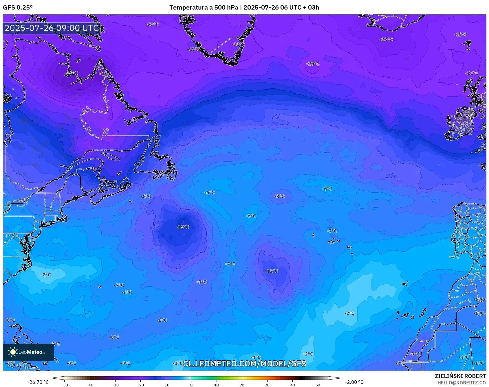 GFS model - Norte Atlántico, Temperatura a 500 hPa