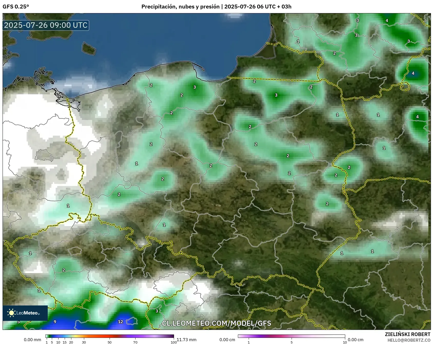 GFS model - Polonia, Precipitación, nubes y presión