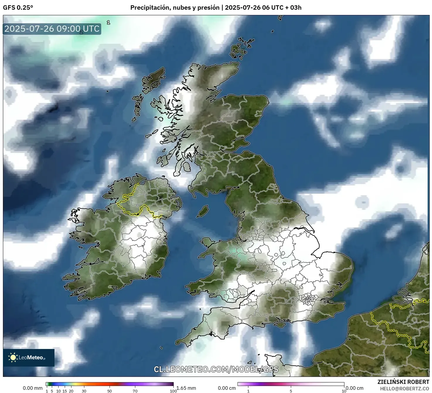 GFS model - Reino Unido, Precipitación, nubes y presión