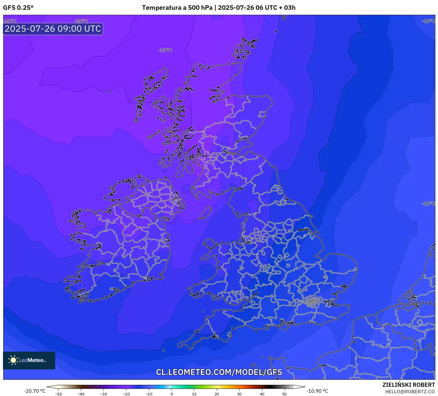 GFS model - Reino Unido, Temperatura a 500 hPa