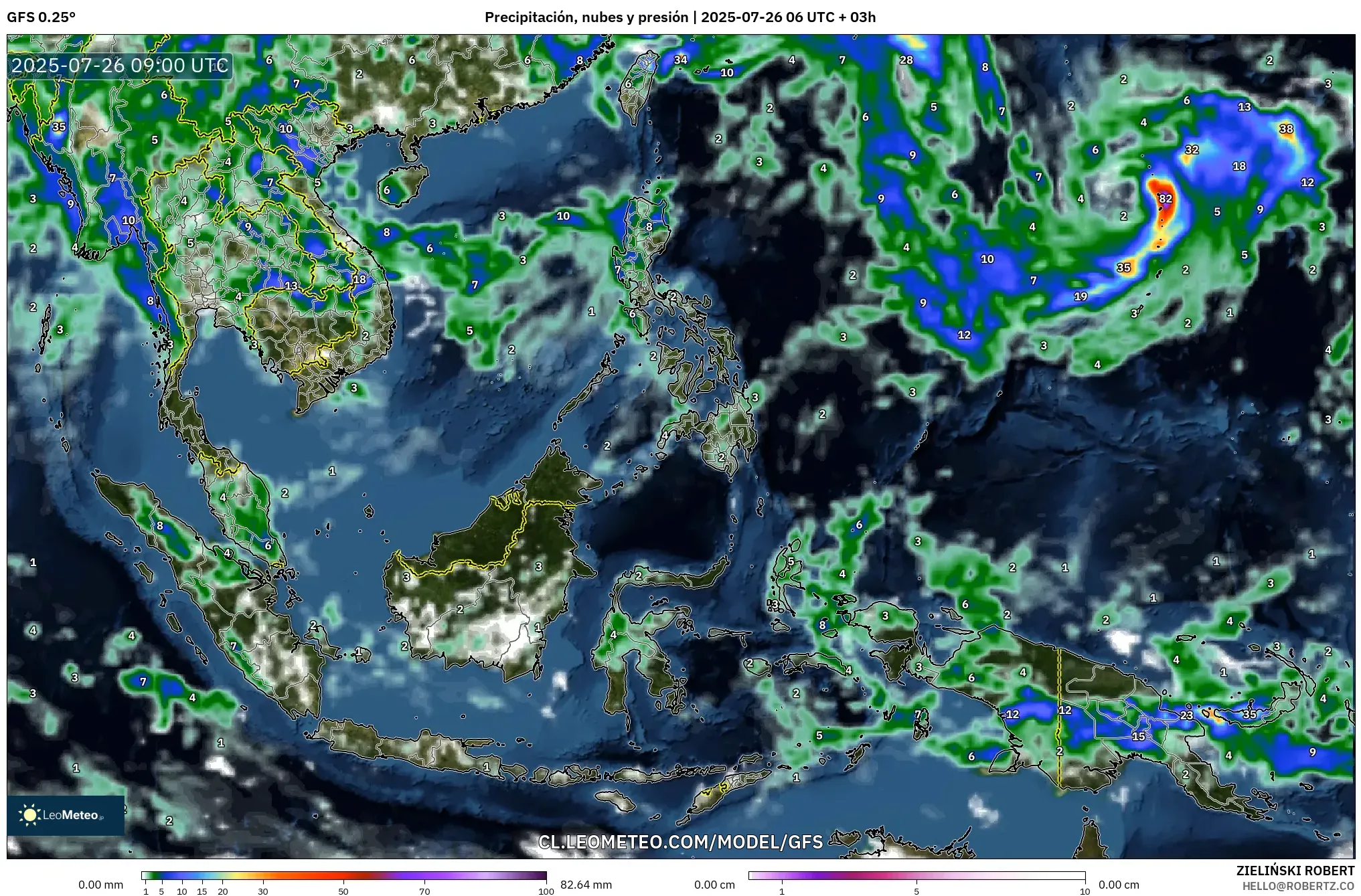 GFS model - Sudeste Asiático, Precipitación, nubes y presión