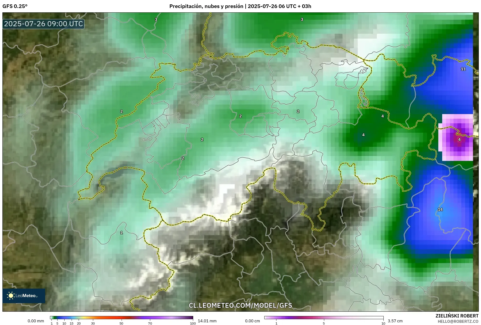 GFS model - Suiza, Precipitación, nubes y presión