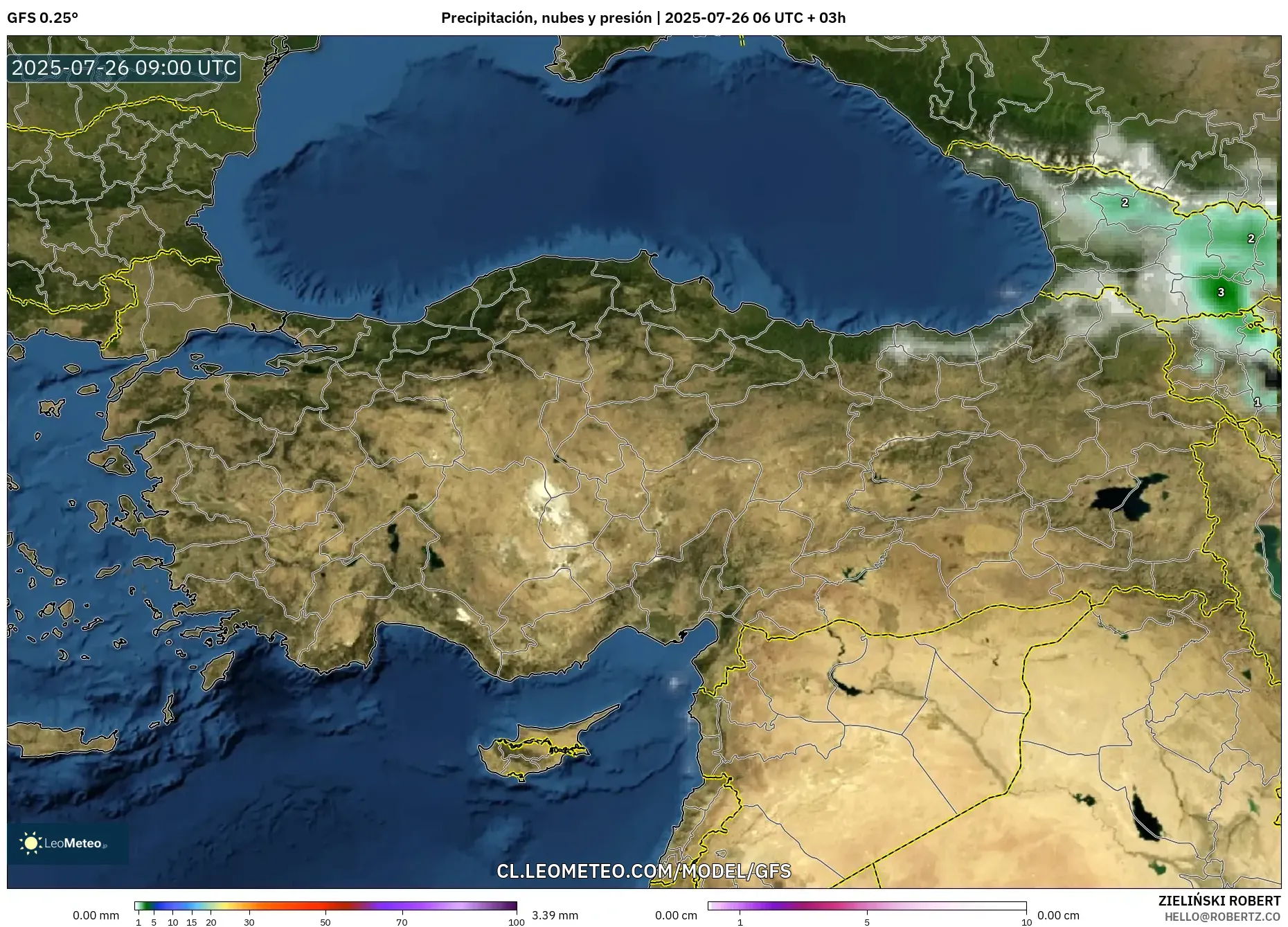 GFS model - Turquía, Precipitación, nubes y presión