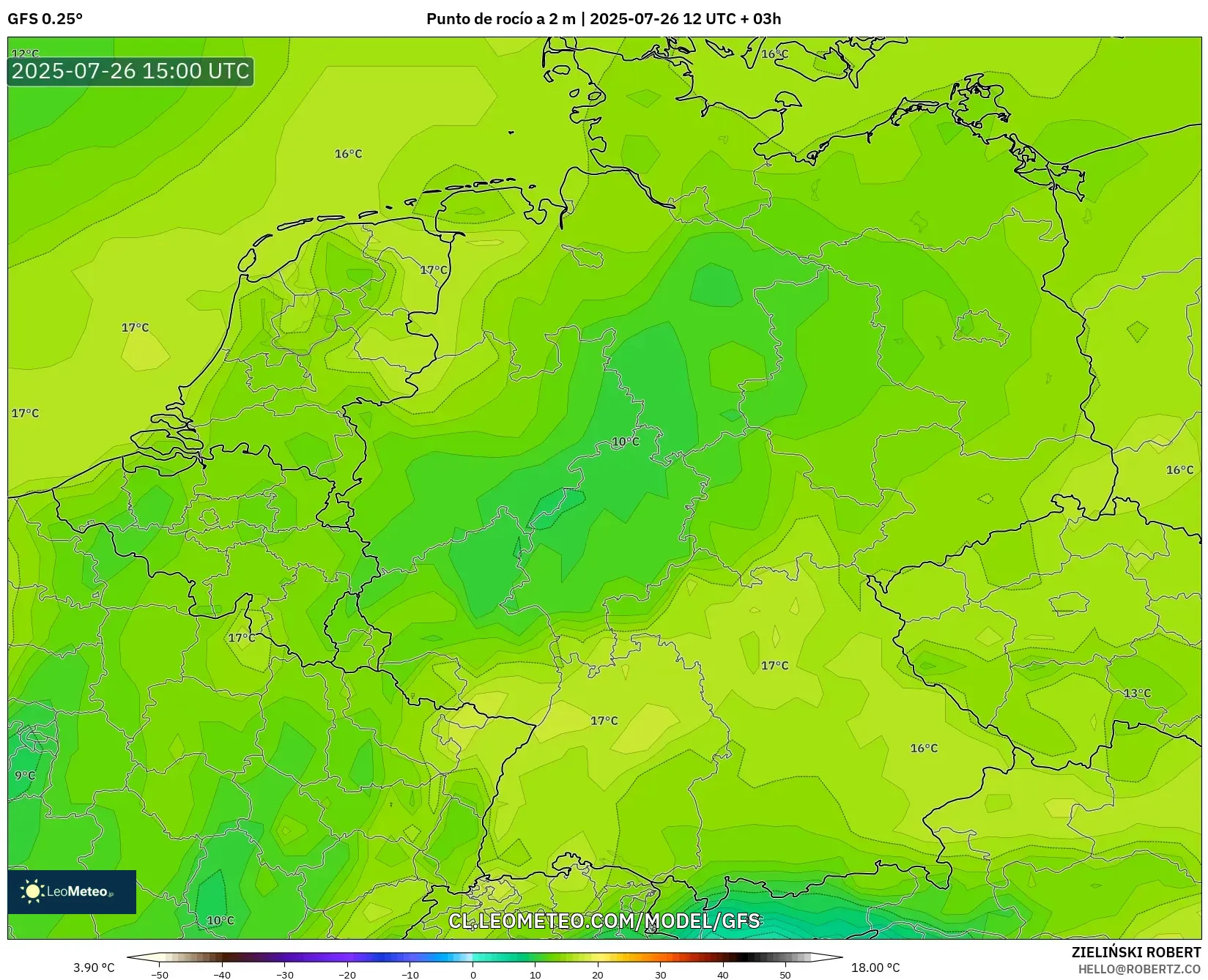 GFS model - Alemania, Punto de rocío a 2 m