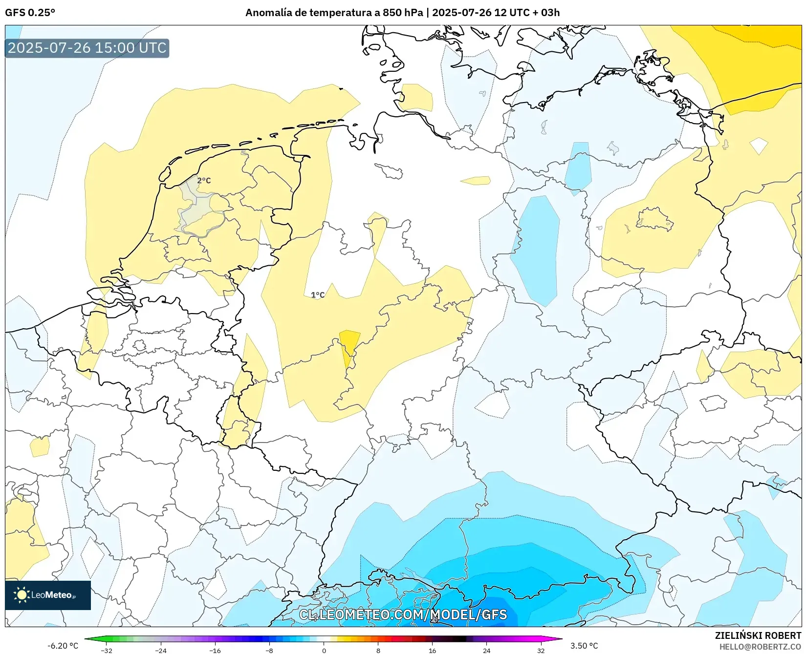 GFS model - Alemania, Anomalía de temperatura a 850 hPa