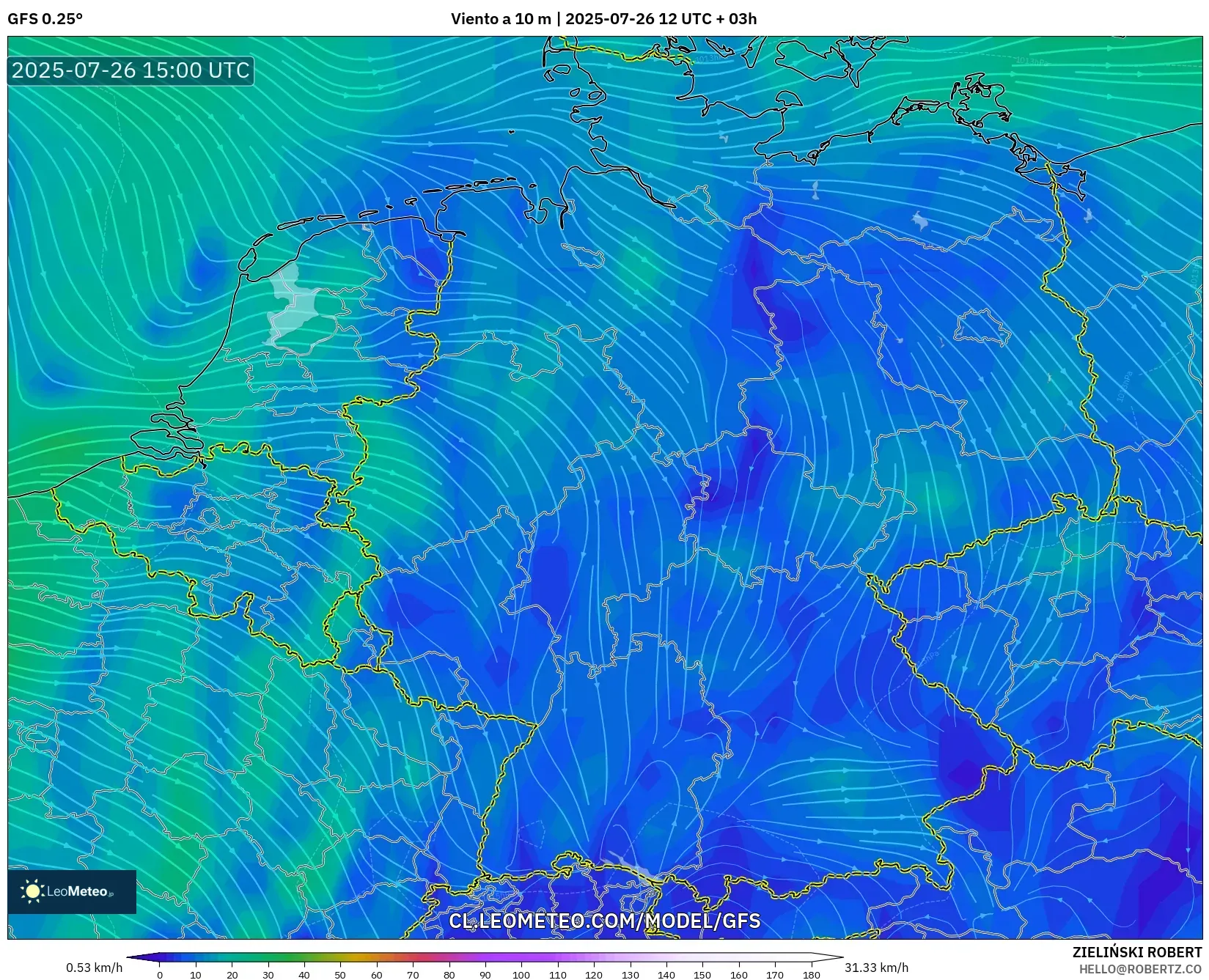 GFS model - Alemania, Viento a 10 m