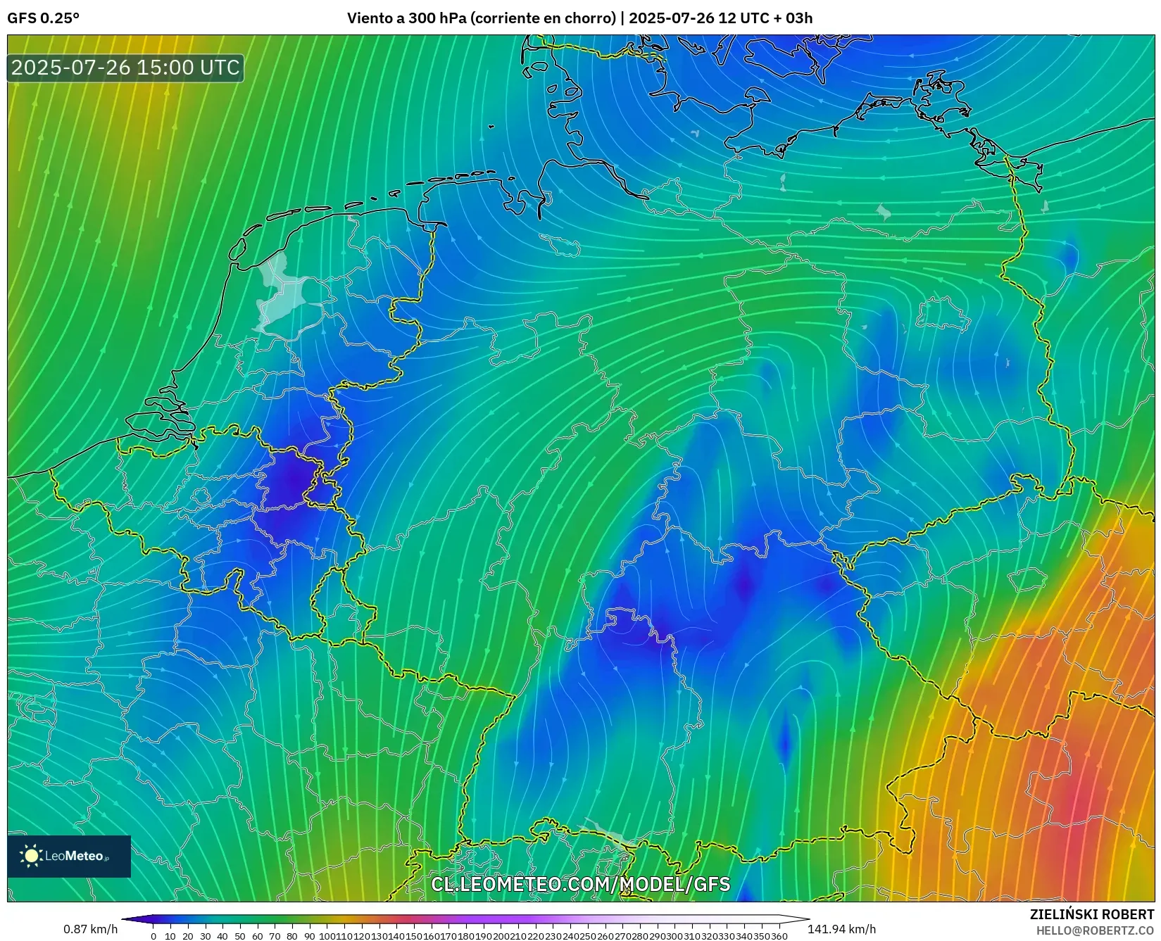 GFS model - Alemania, Viento a 300 hPa (corriente en chorro)