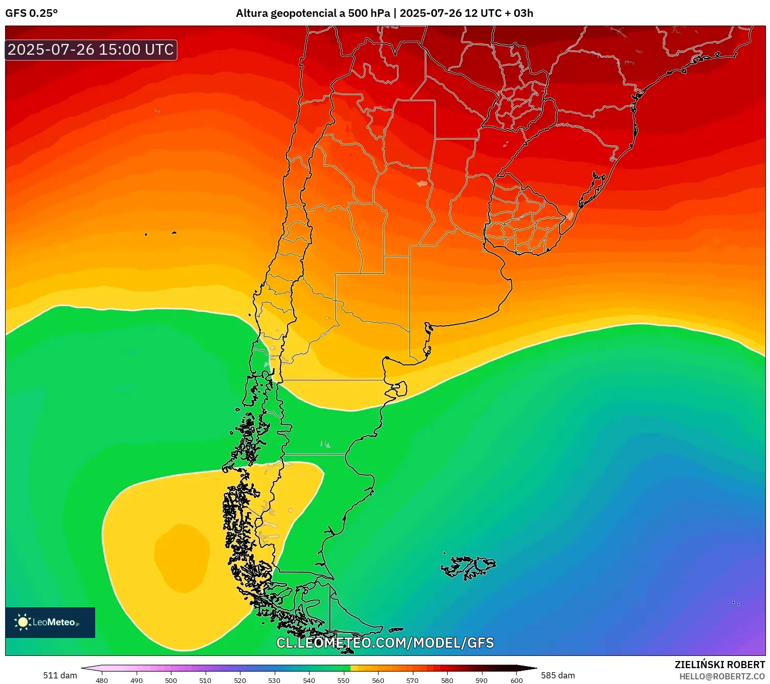 GFS model - Argentina, Altura geopotencial a 500 hPa