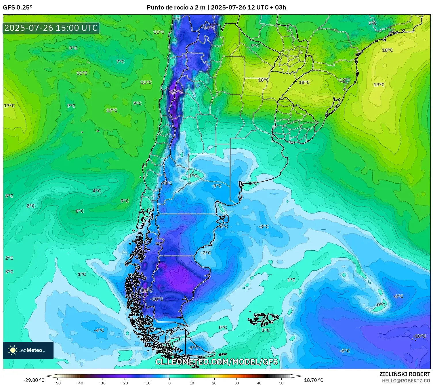GFS model - Argentina, Punto de rocío a 2 m