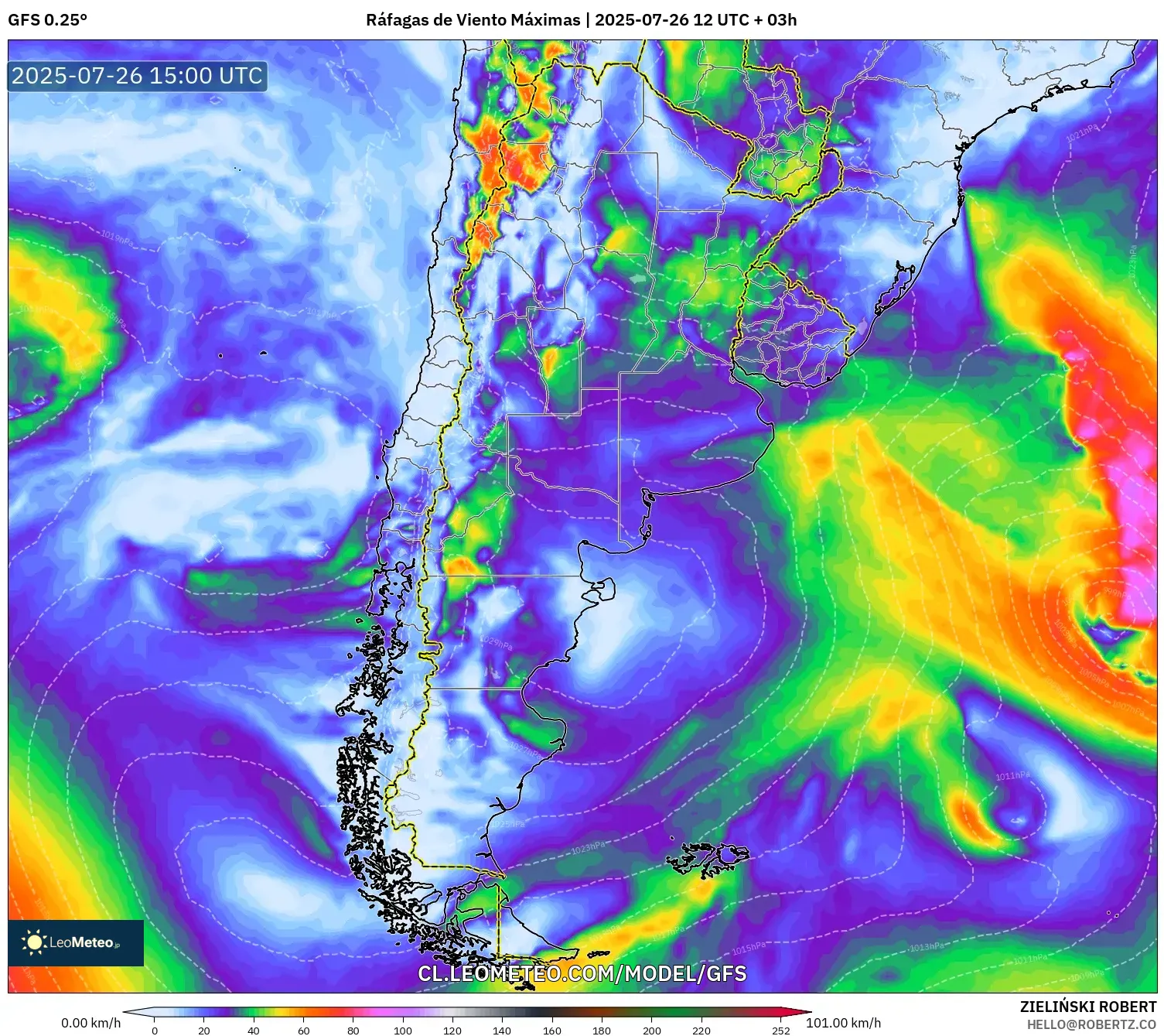 GFS model - Argentina, Ráfagas de Viento Máximas