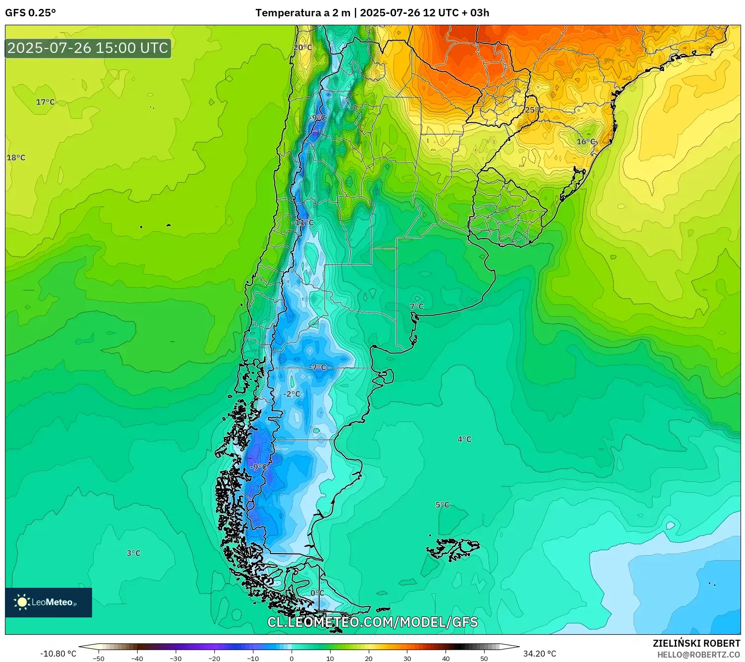GFS model - Argentina, Temperatura a 2 m