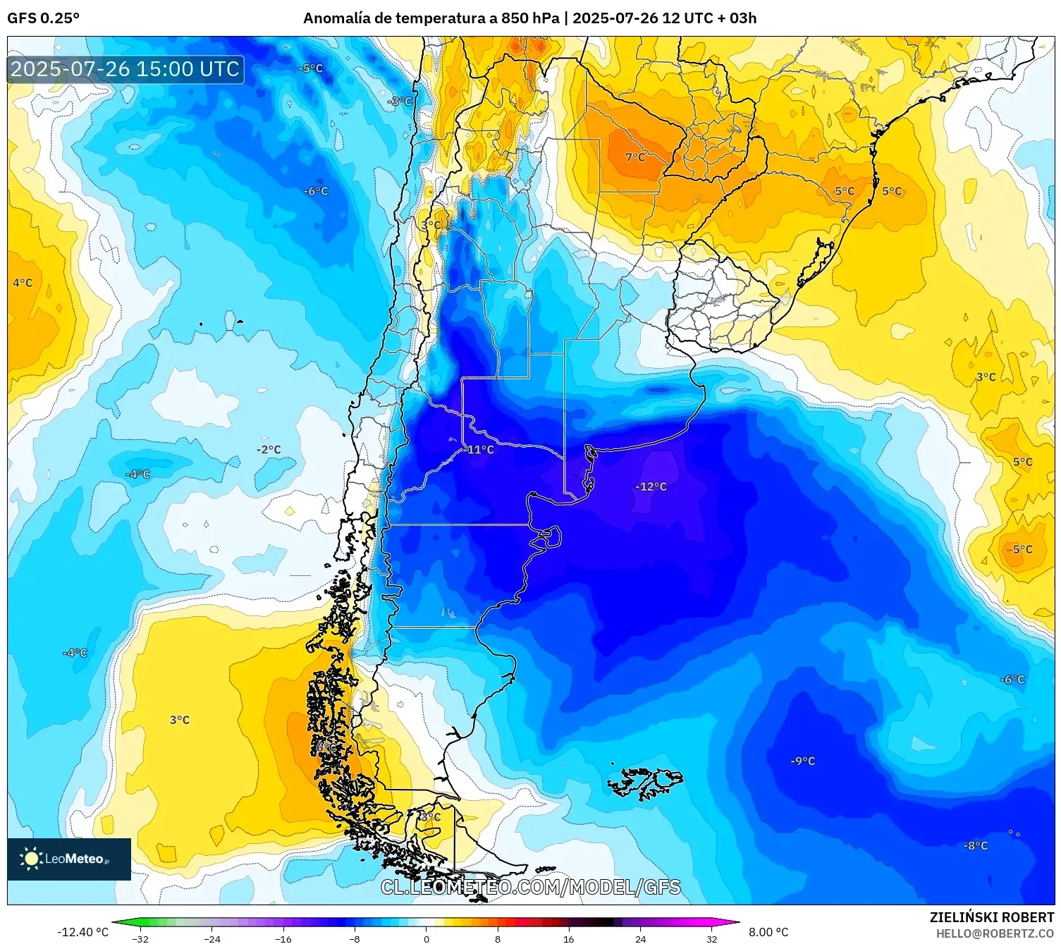 GFS model - Argentina, Anomalía de temperatura a 850 hPa