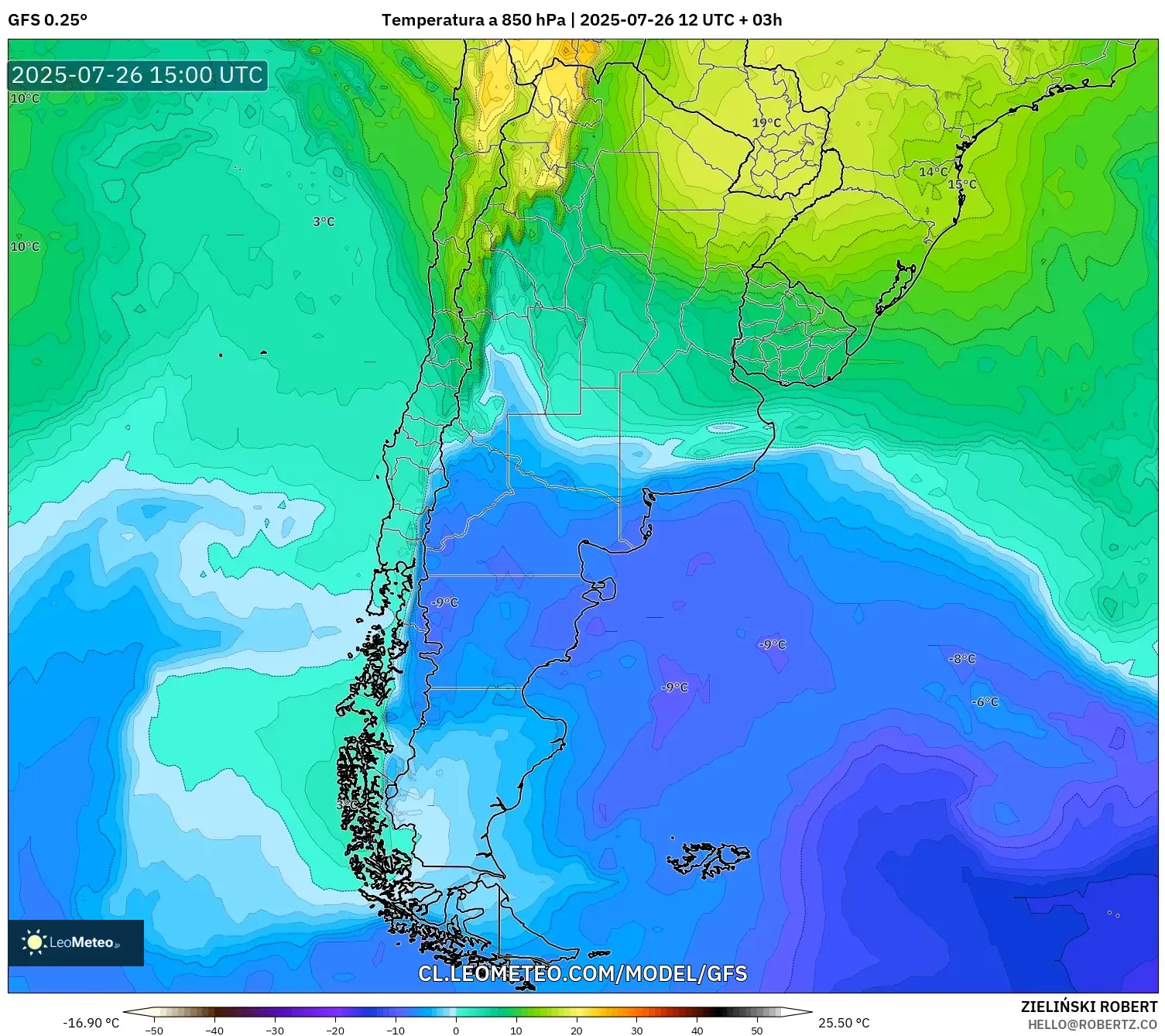 GFS model - Argentina, Temperatura a 850 hPa