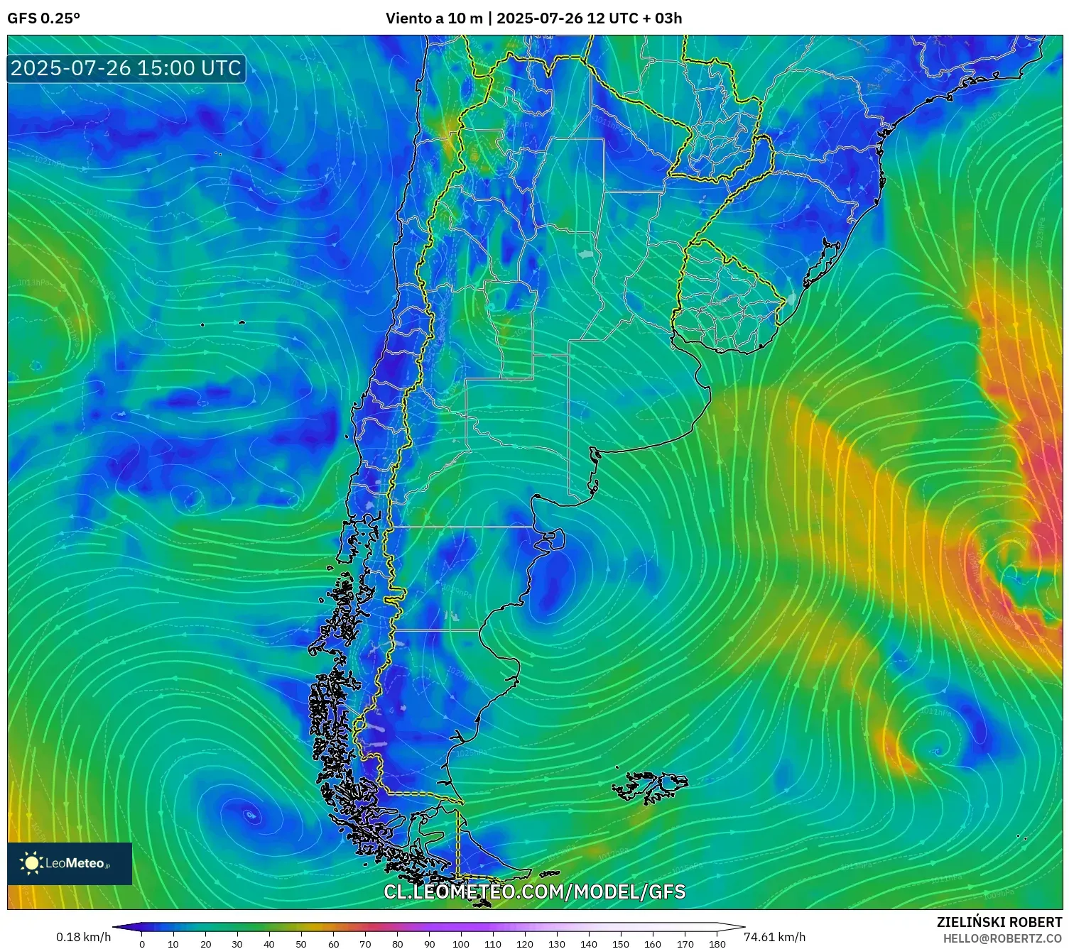 GFS model - Argentina, Viento a 10 m