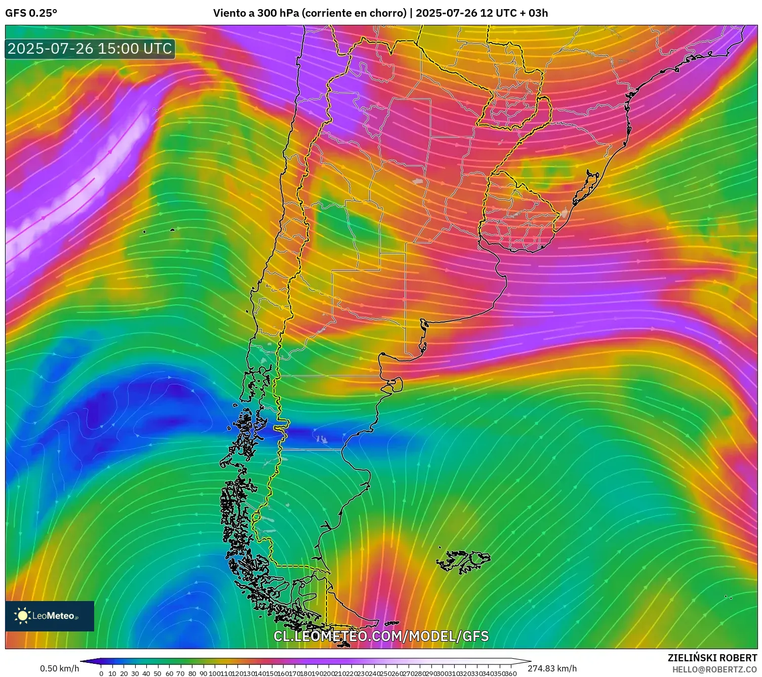 GFS model - Argentina, Viento a 300 hPa (corriente en chorro)