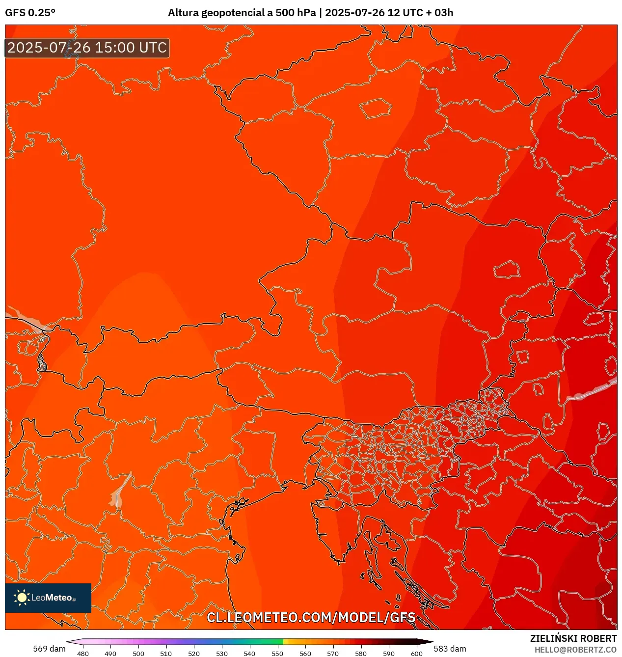 GFS model - Austria, Altura geopotencial a 500 hPa