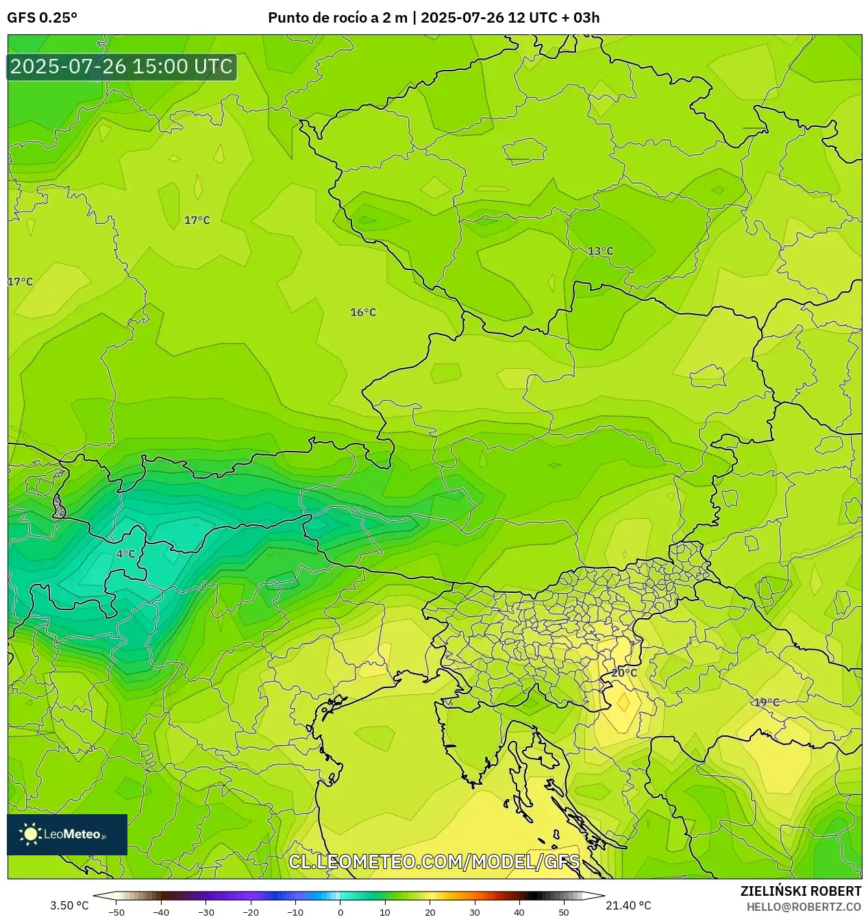 GFS model - Austria, Punto de rocío a 2 m