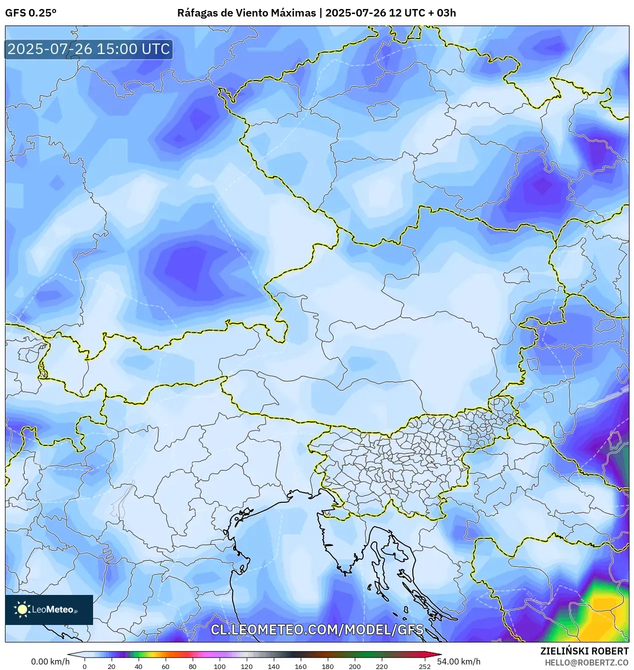 GFS model - Austria, Ráfagas de Viento Máximas