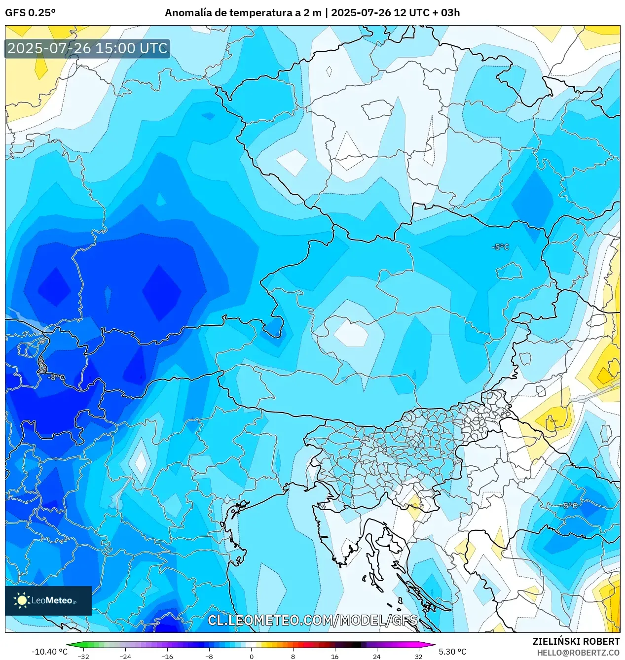GFS model - Austria, Anomalía de temperatura a 2 m
