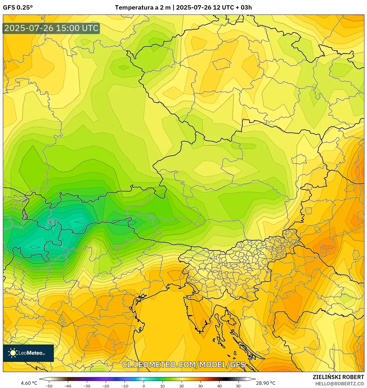 GFS model - Austria, Temperatura a 2 m
