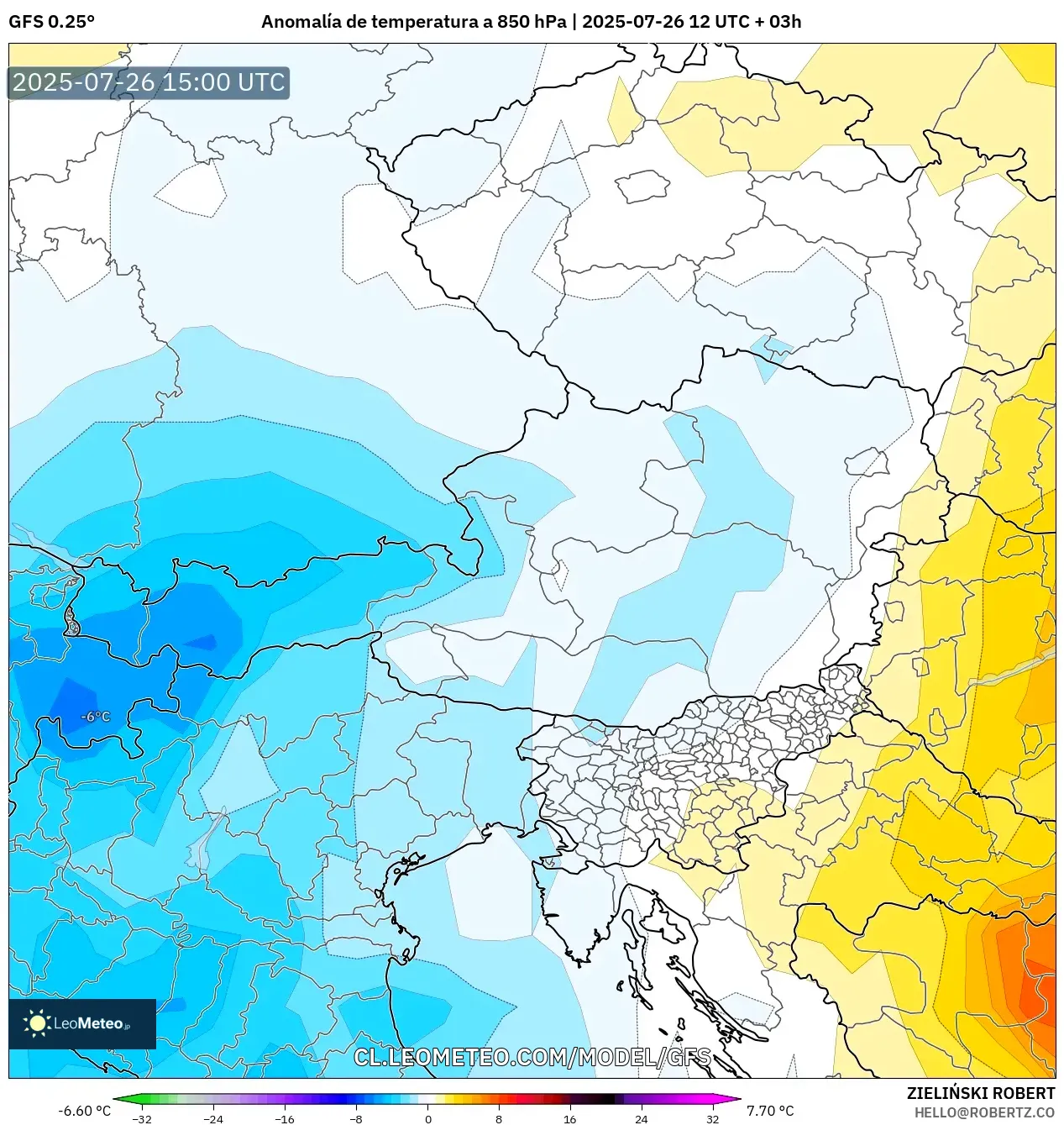 GFS model - Austria, Anomalía de temperatura a 850 hPa