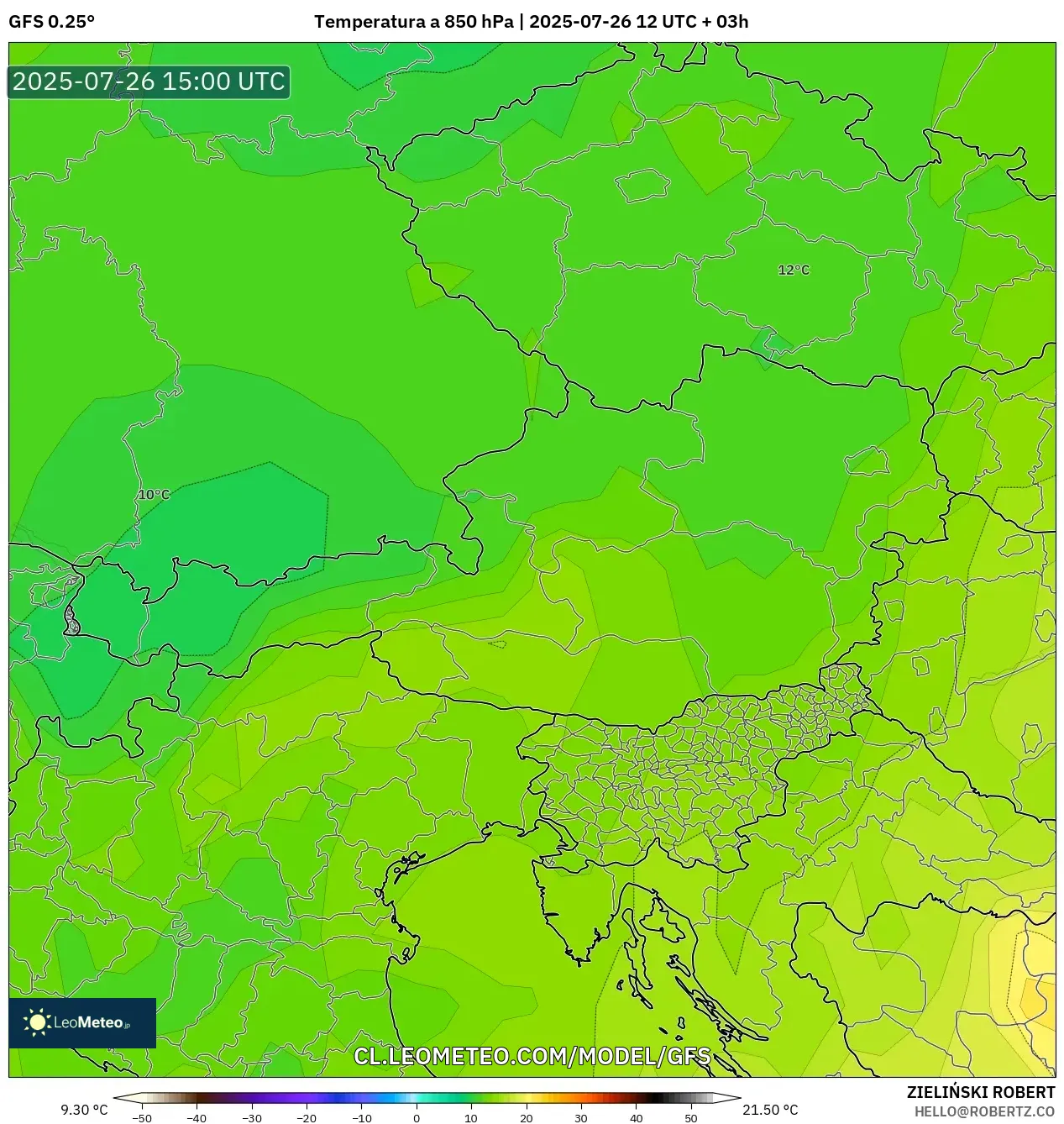 GFS model - Austria, Temperatura a 850 hPa