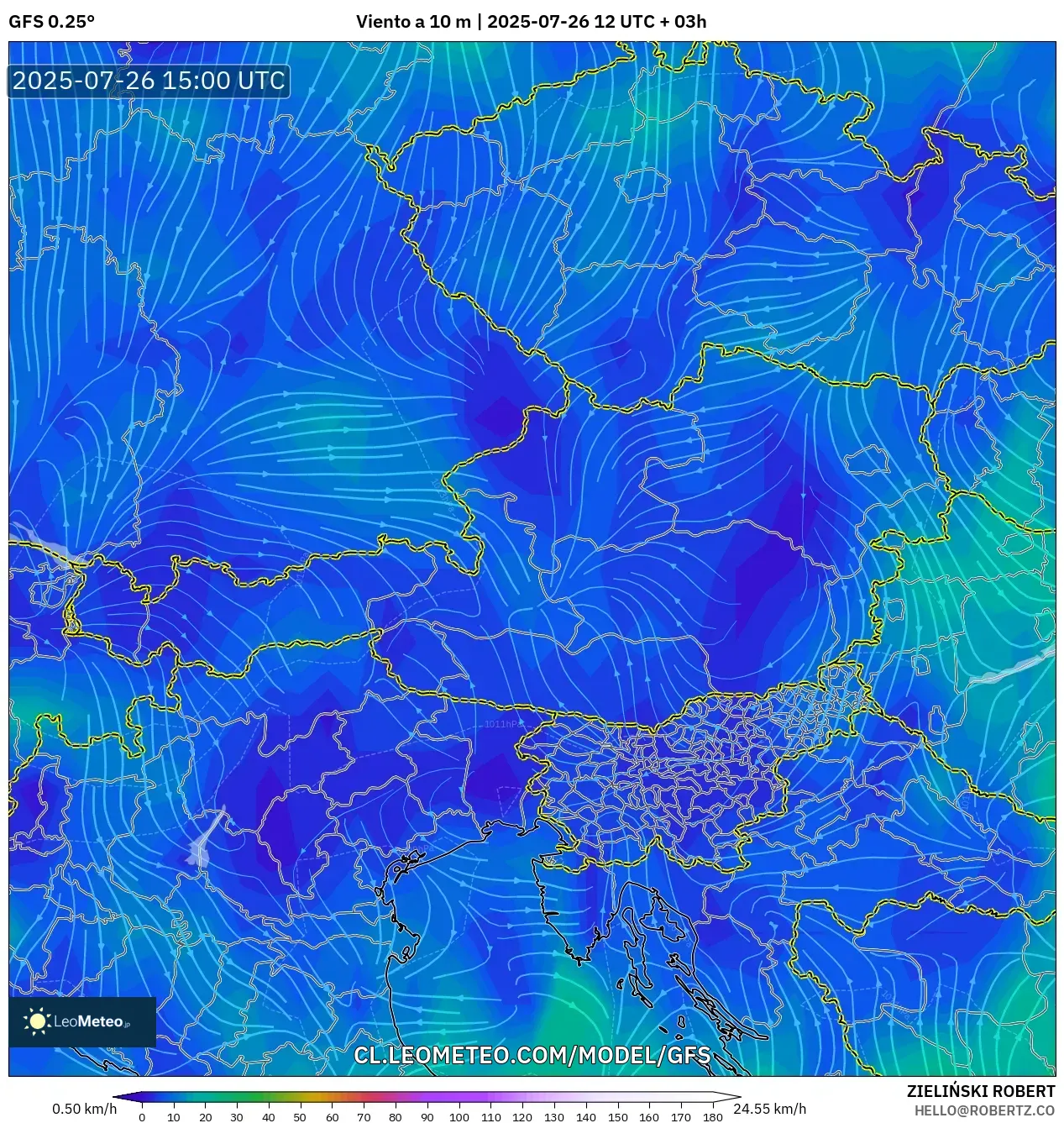 GFS model - Austria, Viento a 10 m