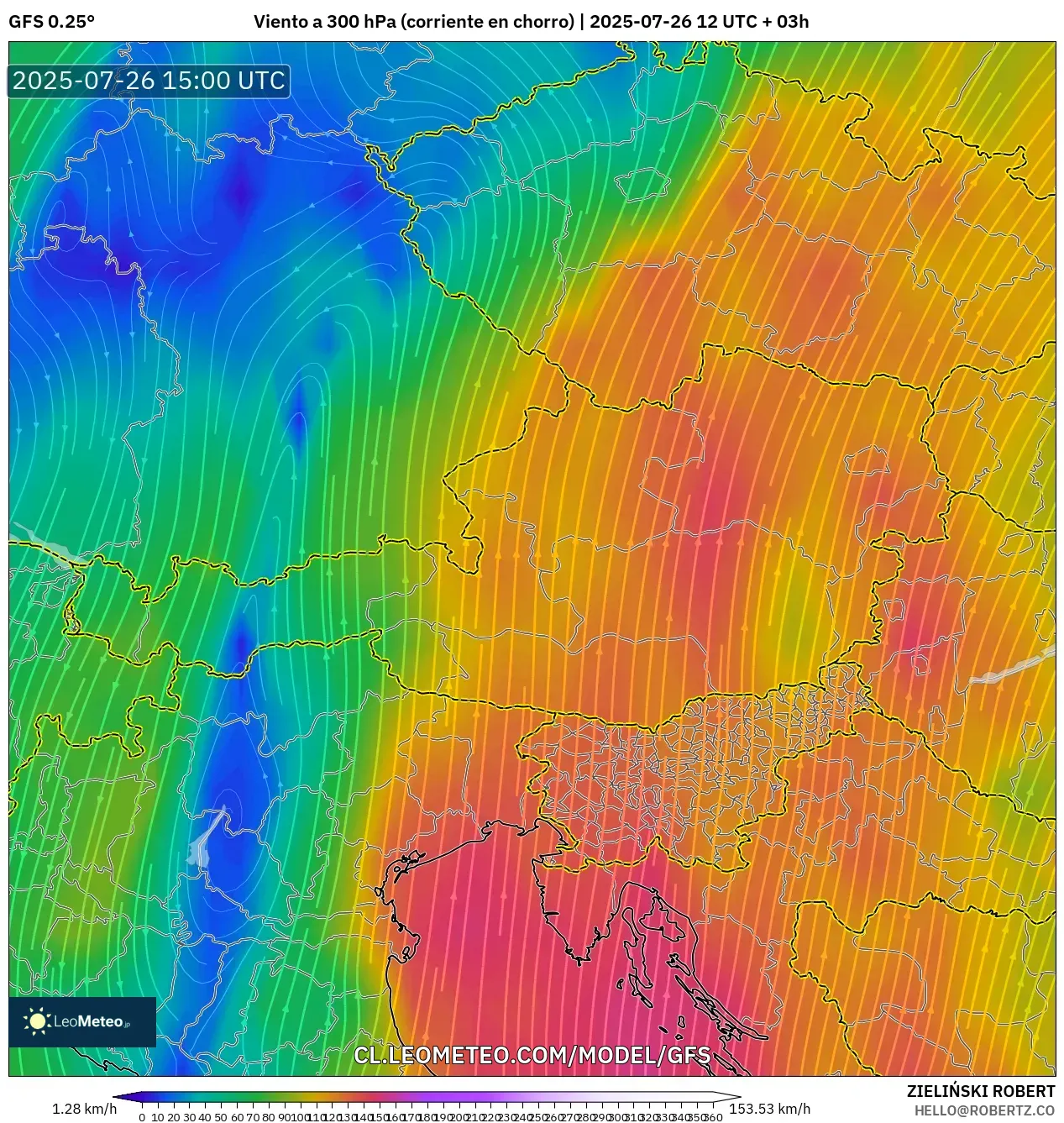 GFS model - Austria, Viento a 300 hPa (corriente en chorro)
