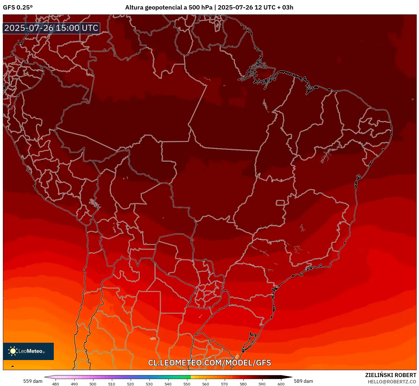 GFS model - Brasil, Altura geopotencial a 500 hPa