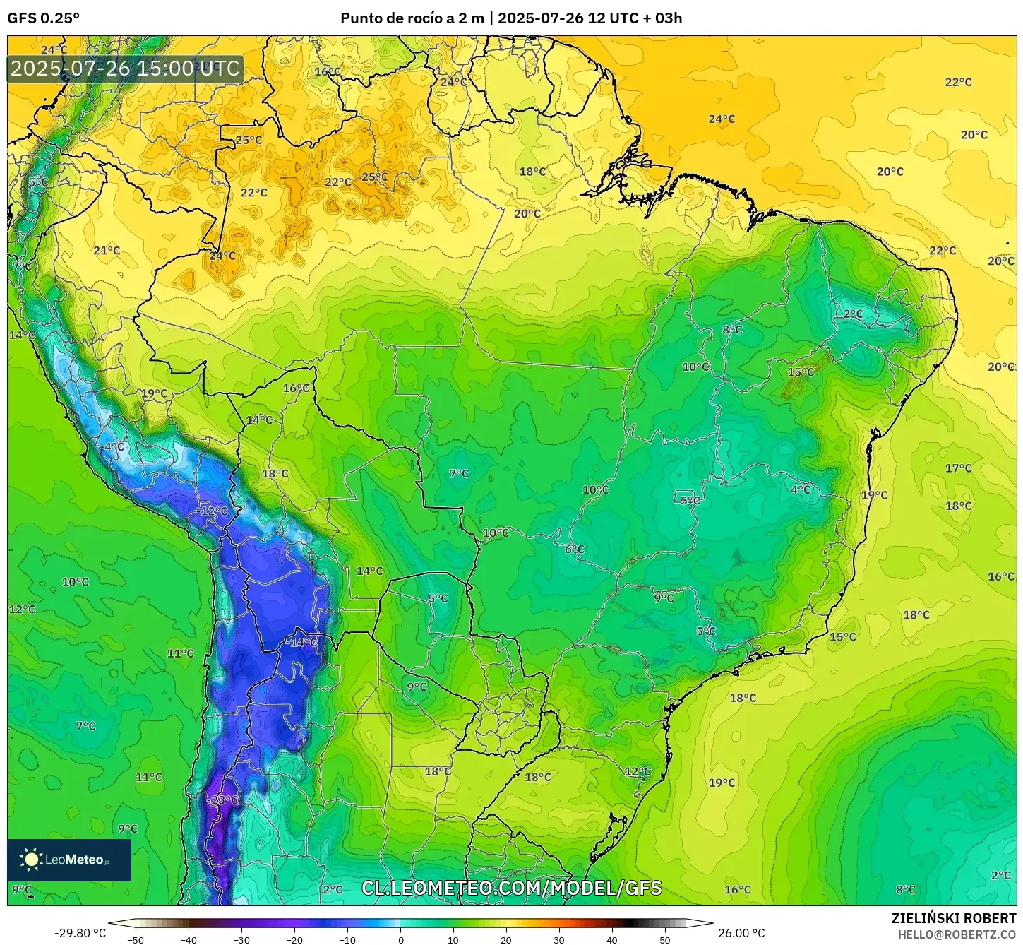 GFS model - Brasil, Punto de rocío a 2 m