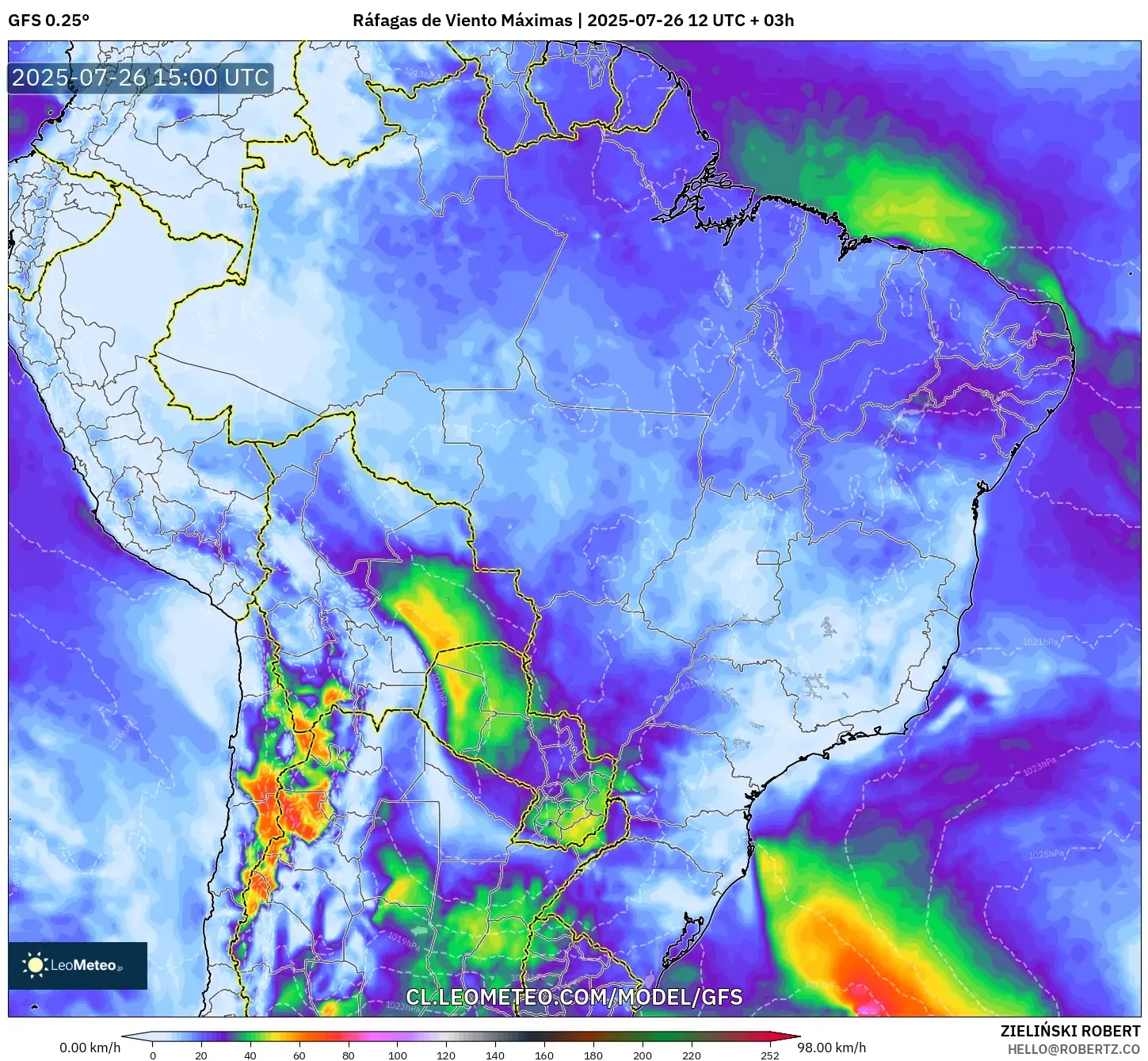 GFS model - Brasil, Ráfagas de Viento Máximas
