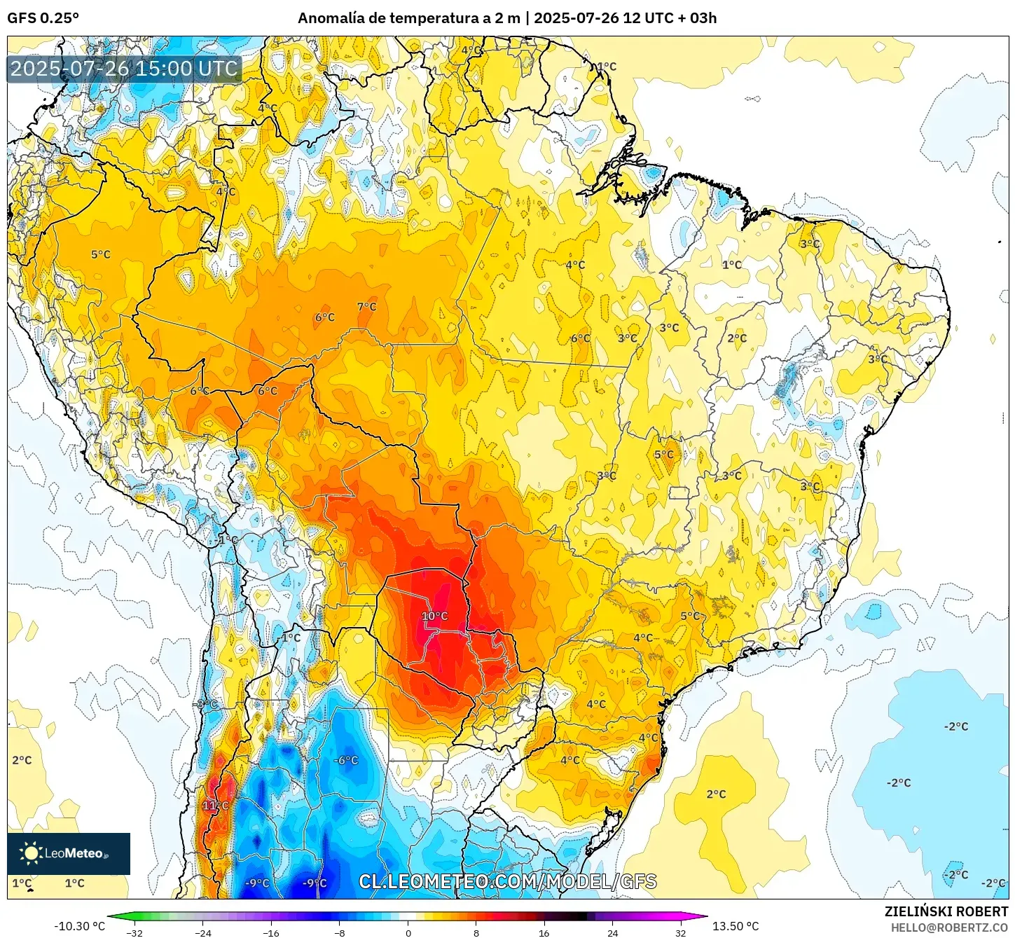 GFS model - Brasil, Anomalía de temperatura a 2 m