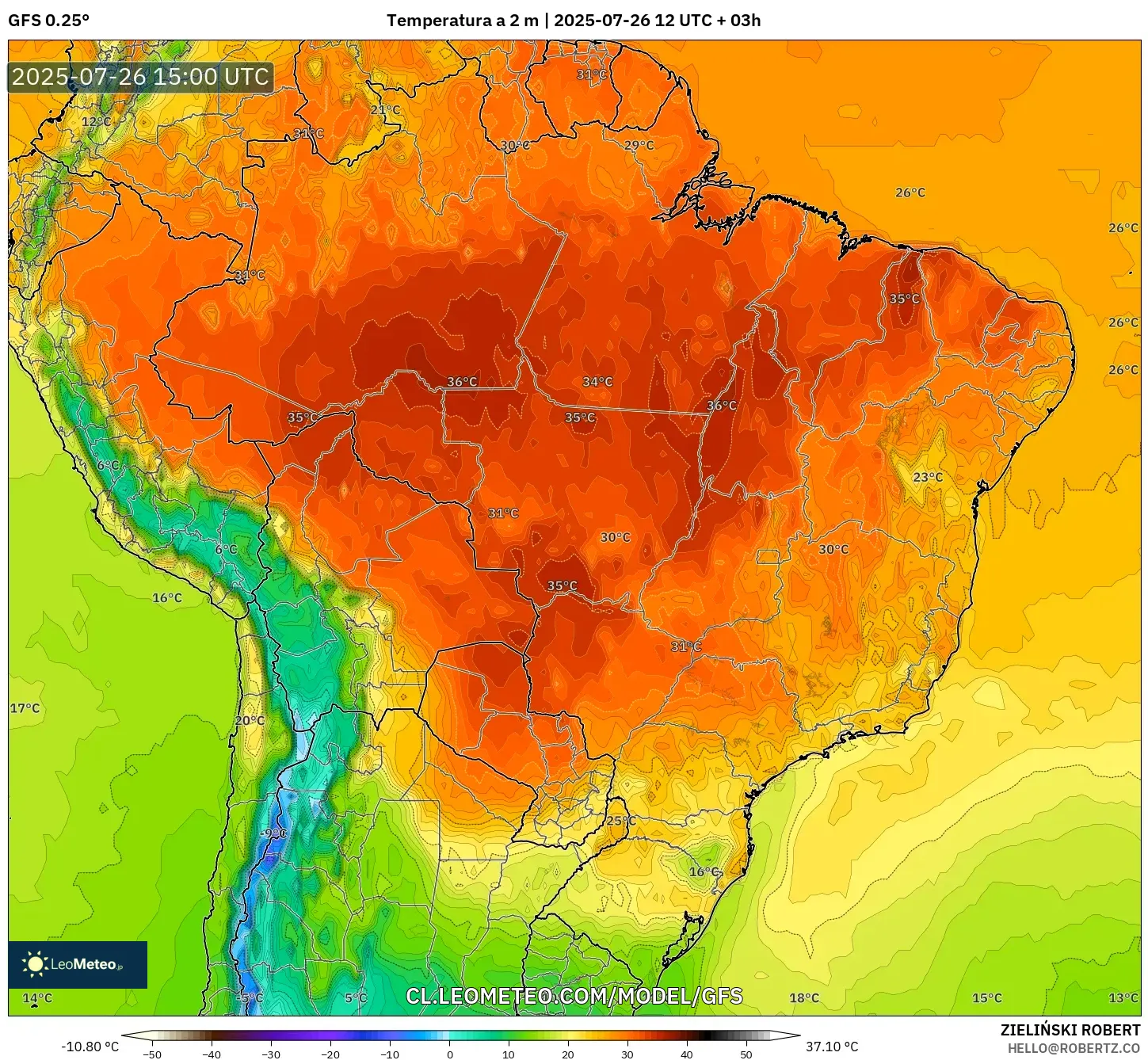 GFS model - Brasil, Temperatura a 2 m