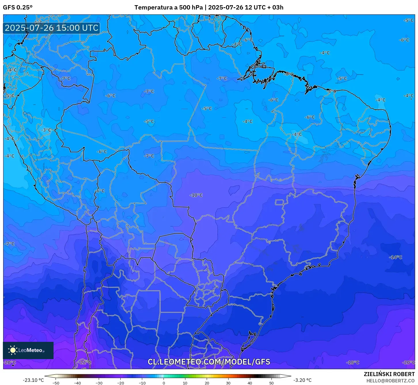 GFS model - Brasil, Temperatura a 500 hPa