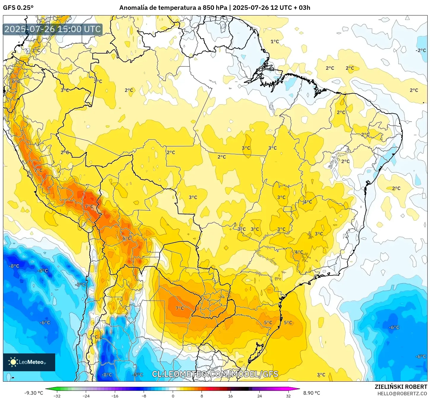 GFS model - Brasil, Anomalía de temperatura a 850 hPa
