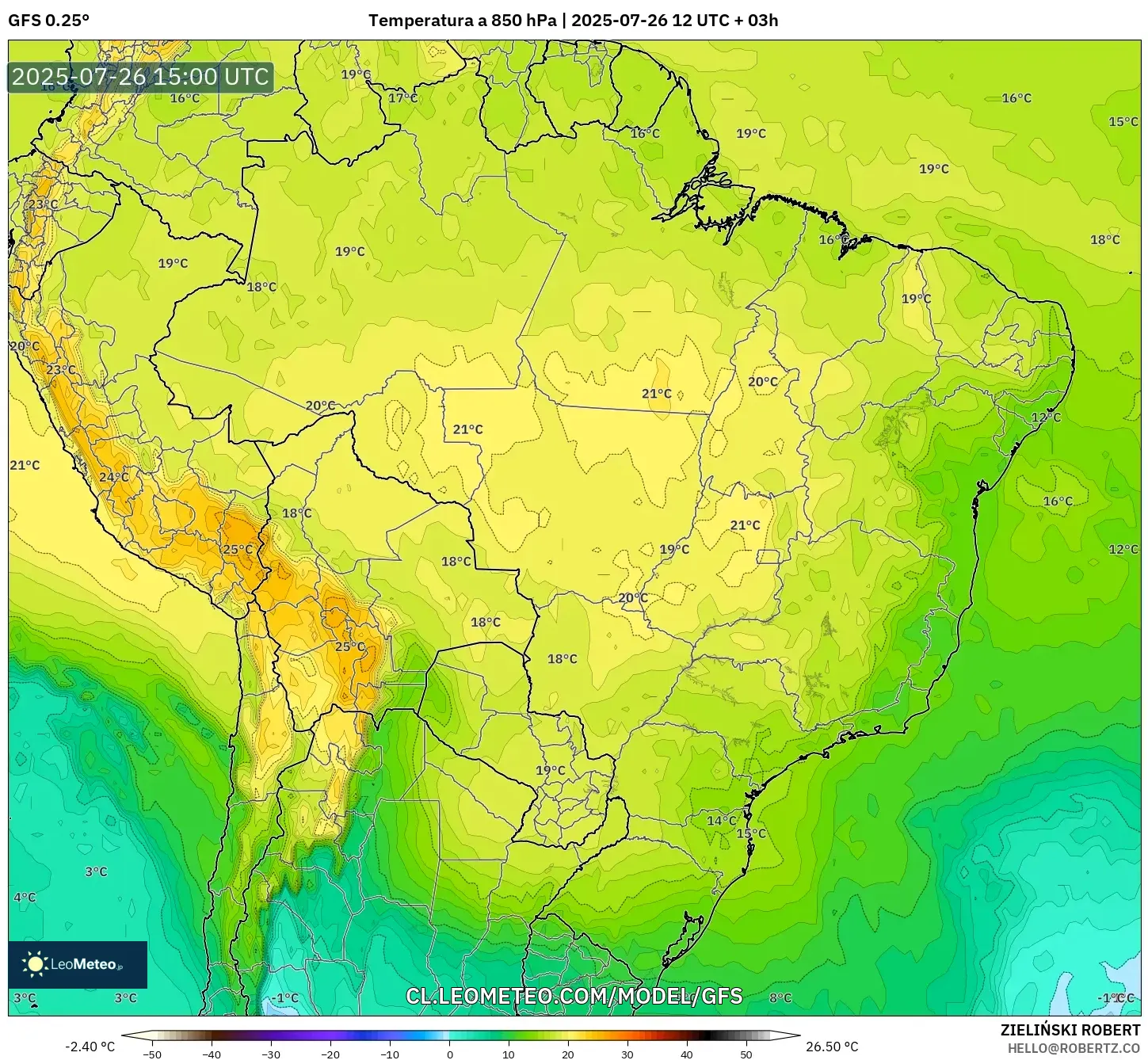 GFS model - Brasil, Temperatura a 850 hPa